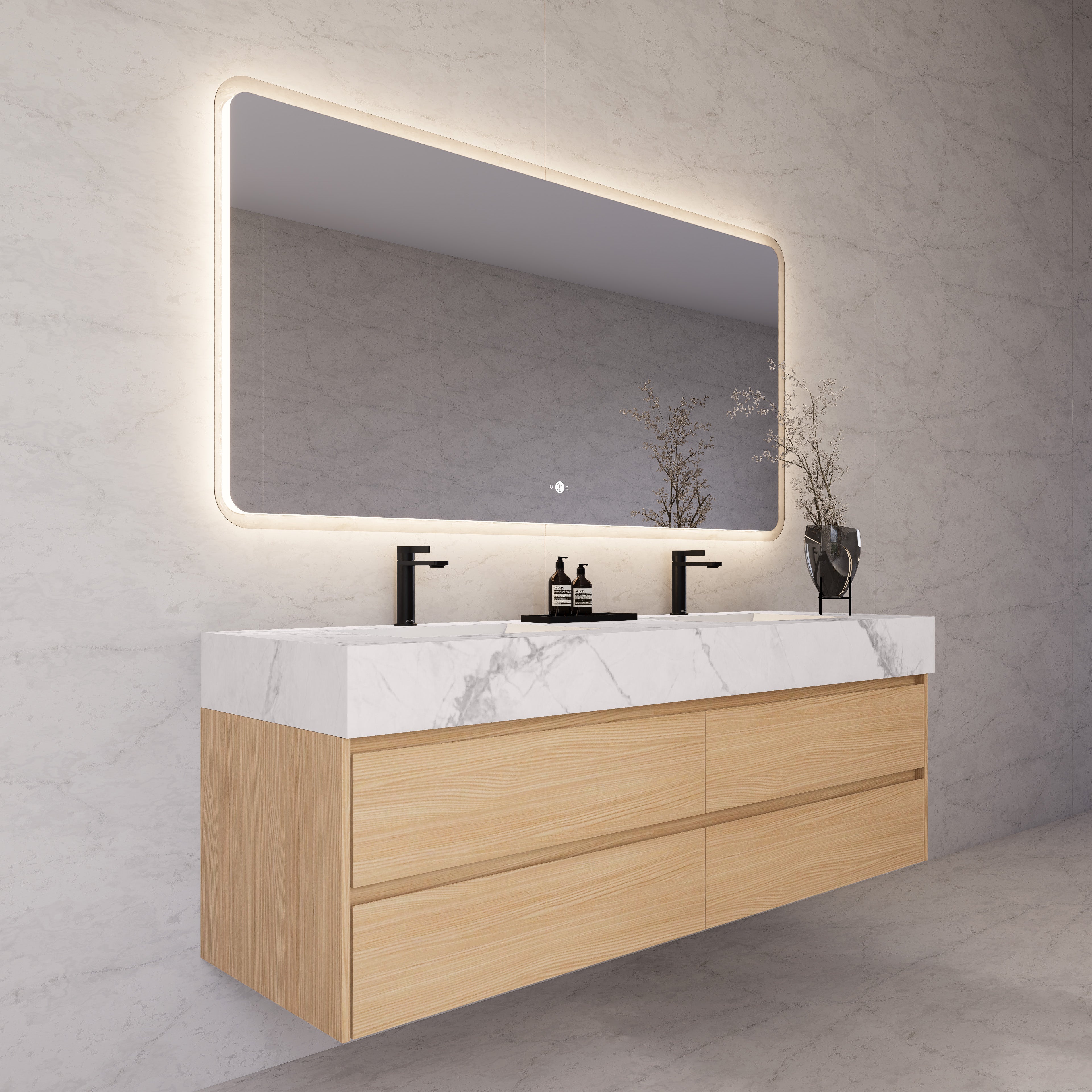 71"，60" Nature Oak Double Sink Sintered Stone Top with Floating Bathroom Vanity