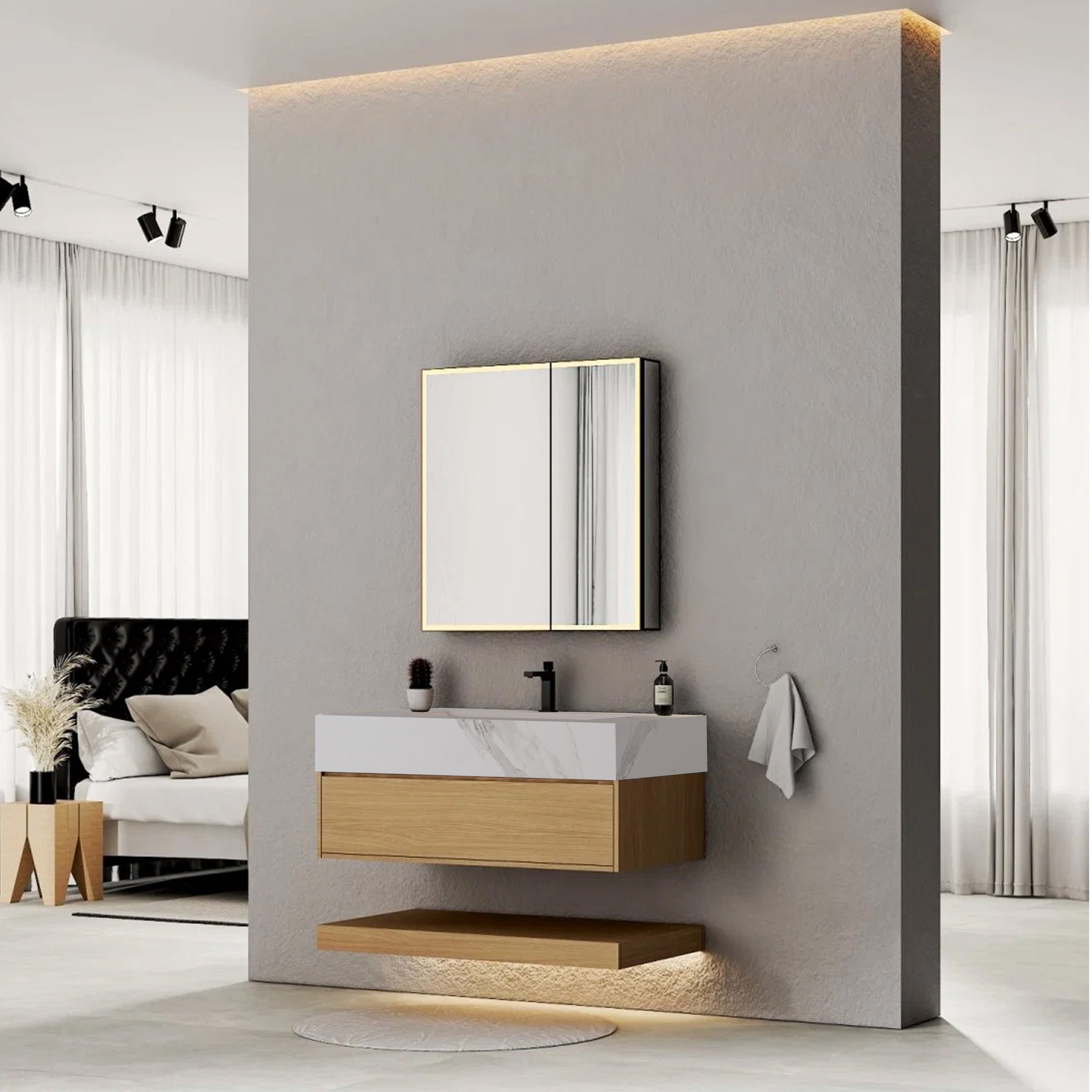 32", 36", 40" Nature Oak Hotel-Style Floating Bathroom Vanity With Sintered Stone Top