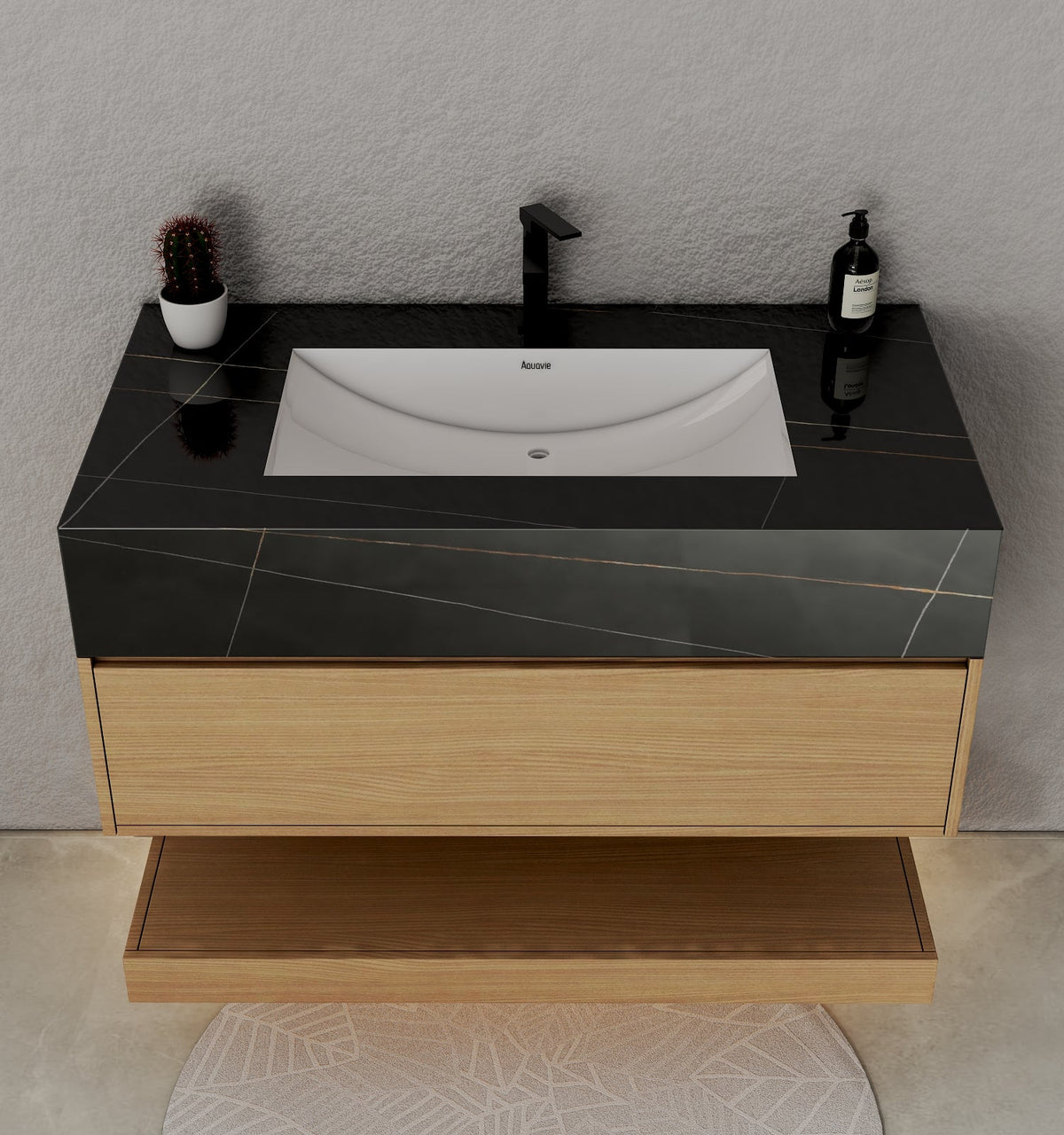 32", 36", 40" Nature Oak Hotel-Style Floating Bathroom Vanity With Sintered Stone Top -VanityBlack Marquina Gold Veins