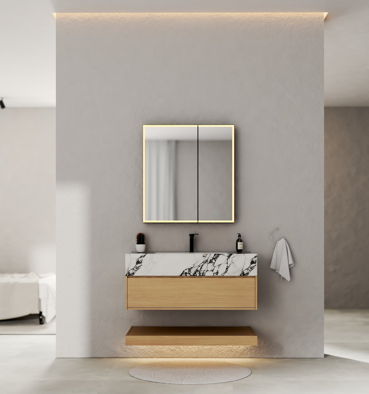32", 36", 40" Nature Oak Hotel-Style Floating Bathroom Vanity With Sintered Stone Top -VanityCalacatta Black