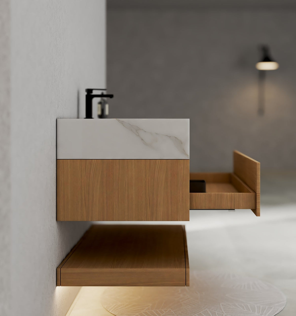 32", 36", 40" Nature Oak Hotel-Style Floating Bathroom Vanity With Sintered Stone Top -VanityCalacatta Gold