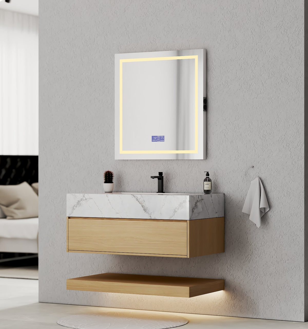 32", 36", 40" Nature Oak Hotel-Style Floating Bathroom Vanity With Sintered Stone Top -VanityIce Grey