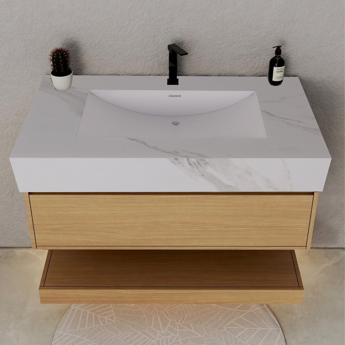 32", 36", 40" Nature Oak Hotel-Style Floating Bathroom Vanity With Sintered Stone Top -VanityWhite Carrara