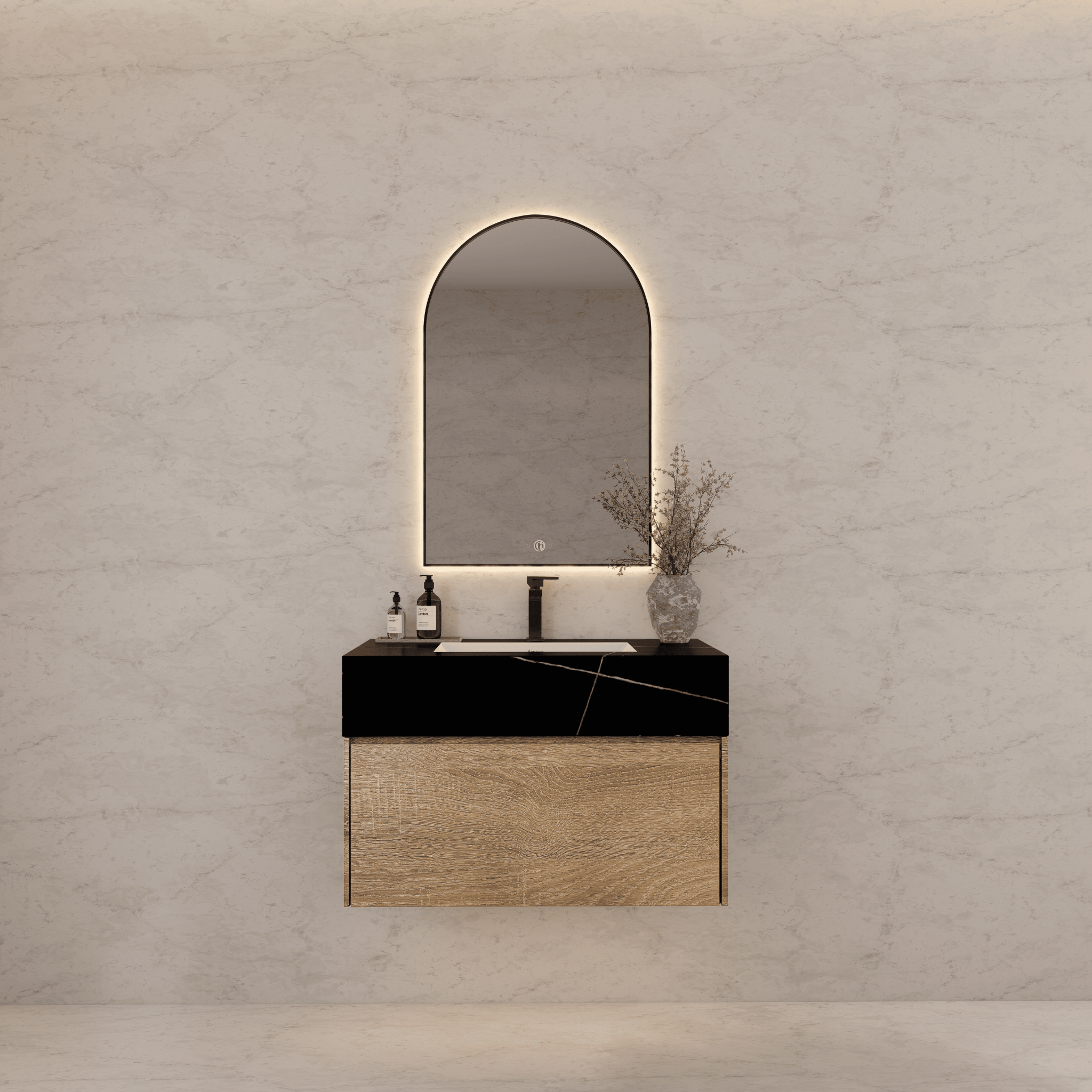 32", 36", 40" Seamless Stone Top with Light Oak Floating Bathroom Vanity - VanityBlack Marquina Gold Veins NeoNova Decor