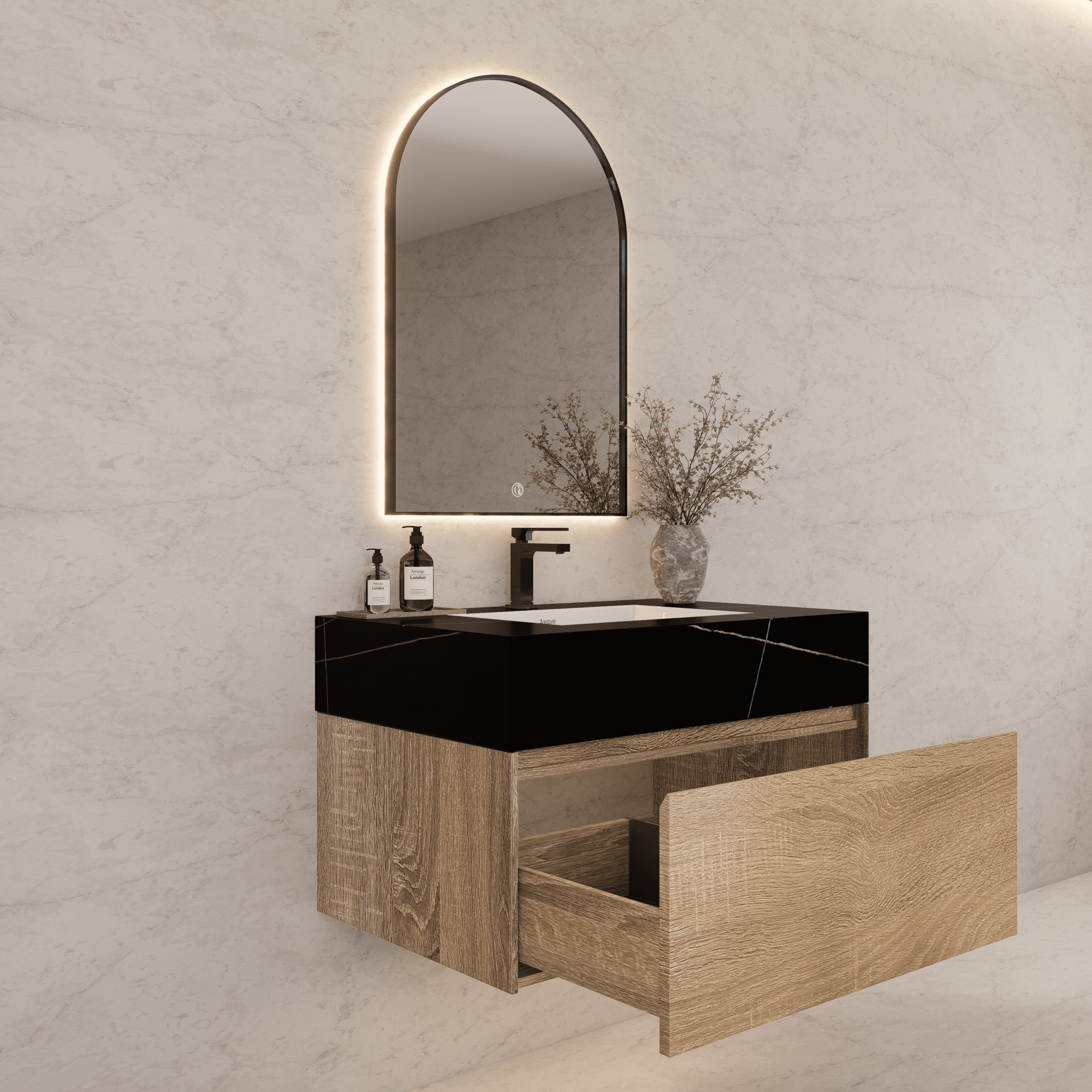 32", 36", 40" Seamless Stone Top with Light Oak Floating Bathroom Vanity - VanityBlack Marquina Gold Veins NeoNova Decor