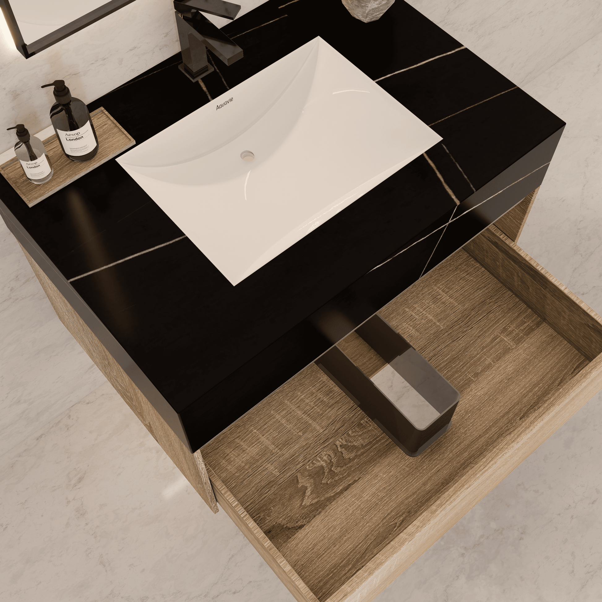 32", 36", 40" Seamless Stone Top with Light Oak Floating Bathroom Vanity - VanityBlack Marquina Gold Veins NeoNova Decor