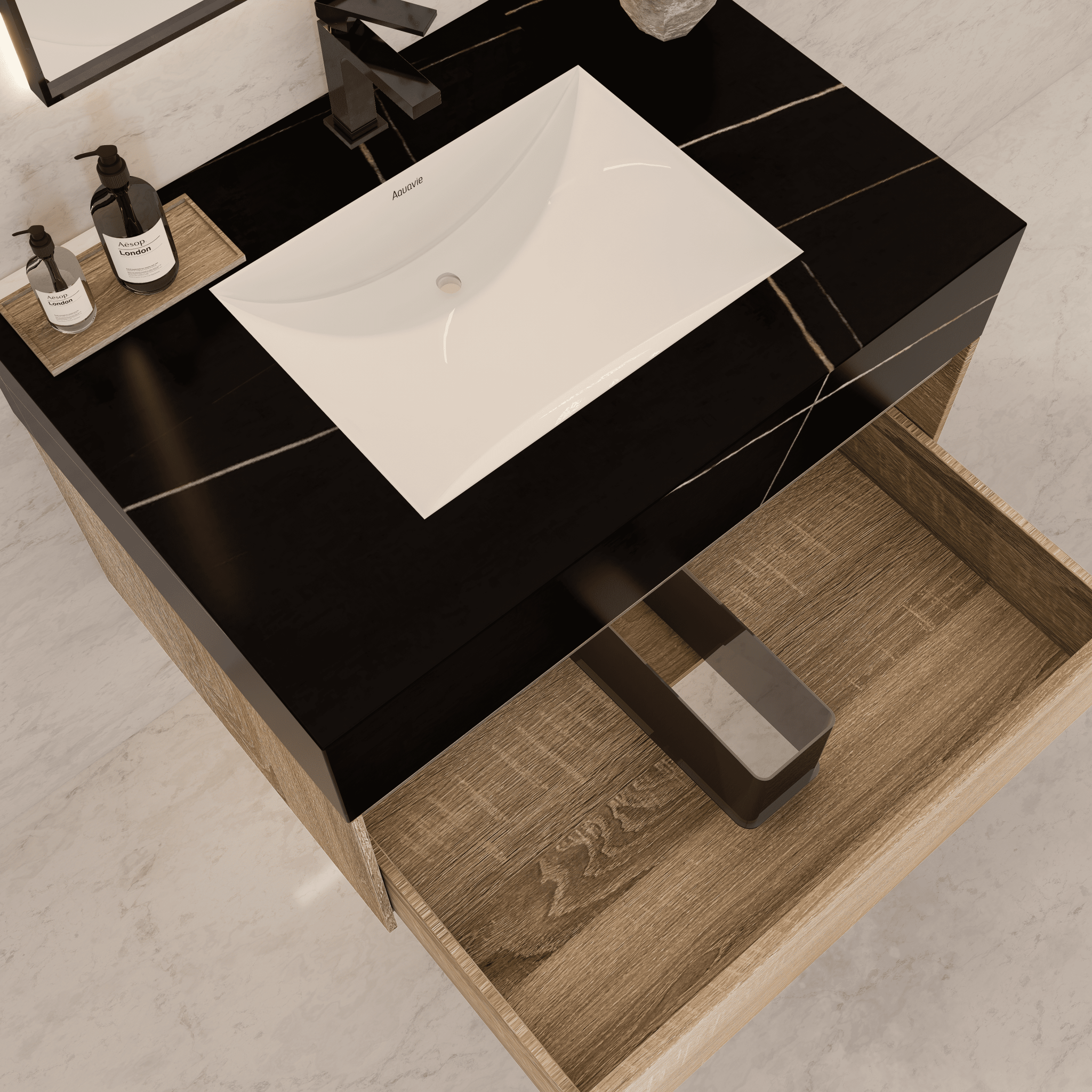 32", 36", 40" Seamless Stone Top with Light Oak Floating Bathroom Vanity - VanityBlack Marquina Gold Veins NeoNova Decor