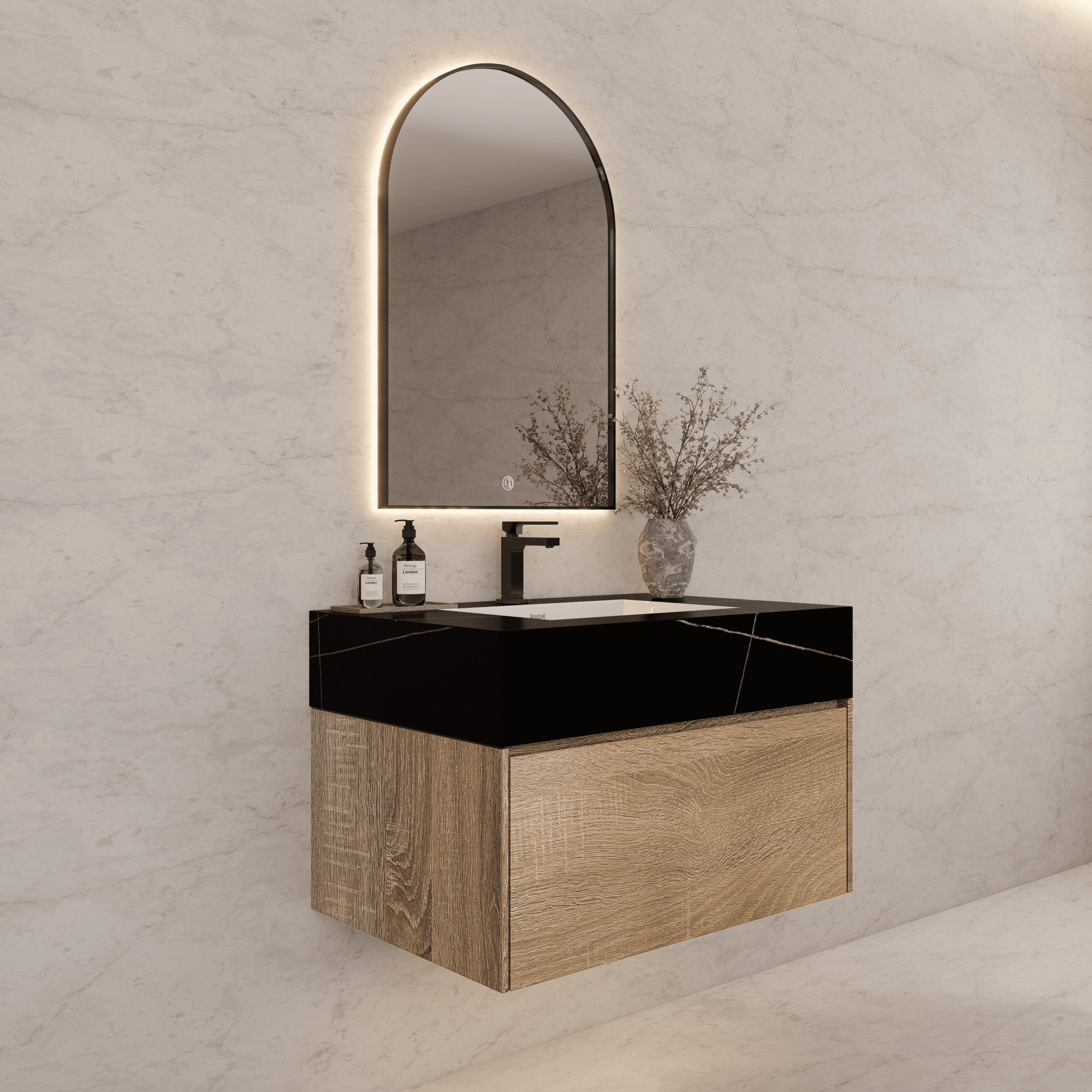 32", 36", 40" Seamless Stone Top with Light Oak Floating Bathroom Vanity - VanityBlack Marquina Gold Veins NeoNova Decor