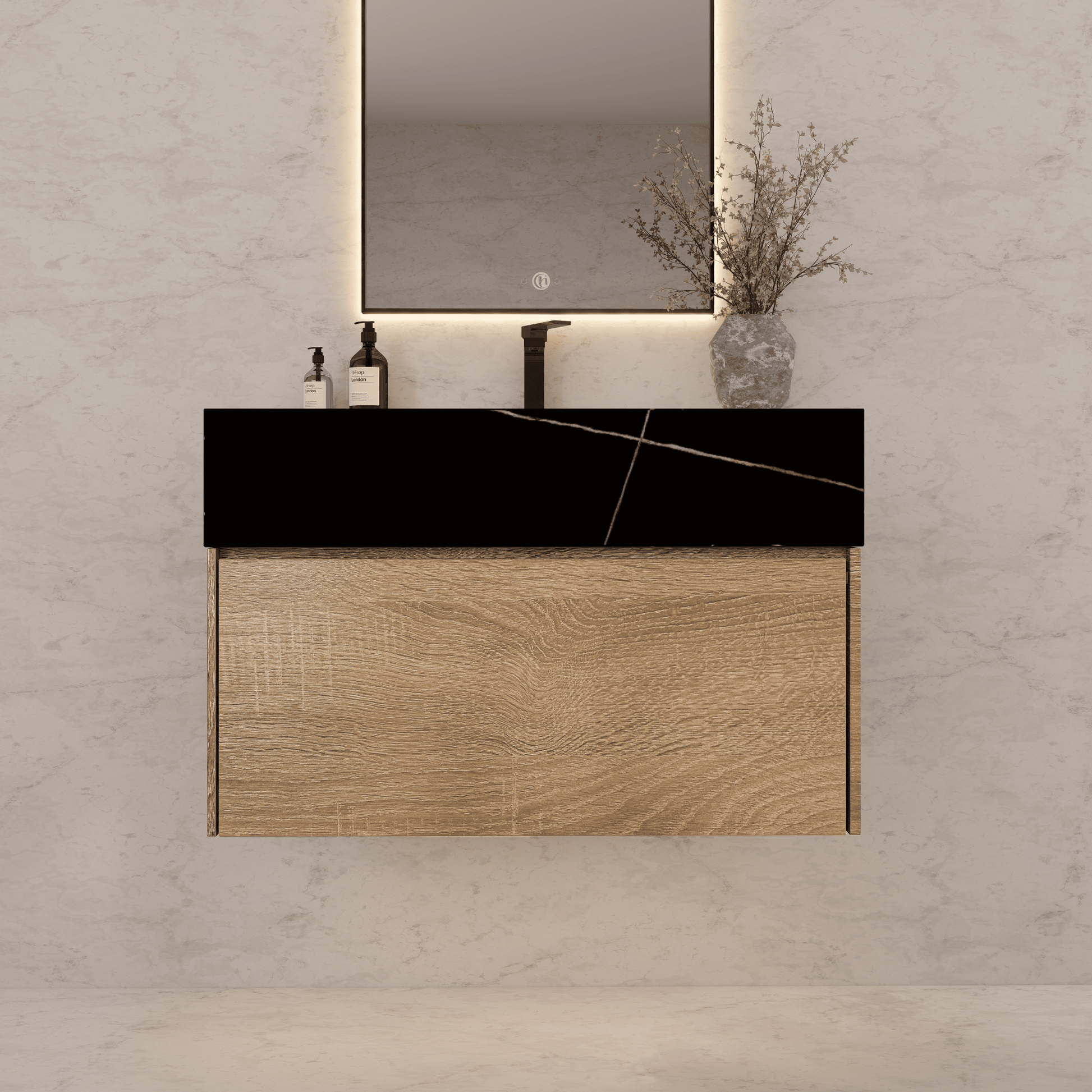 32", 36", 40" Seamless Stone Top with Light Oak Floating Bathroom Vanity - VanityBlack Marquina Gold Veins NeoNova Decor