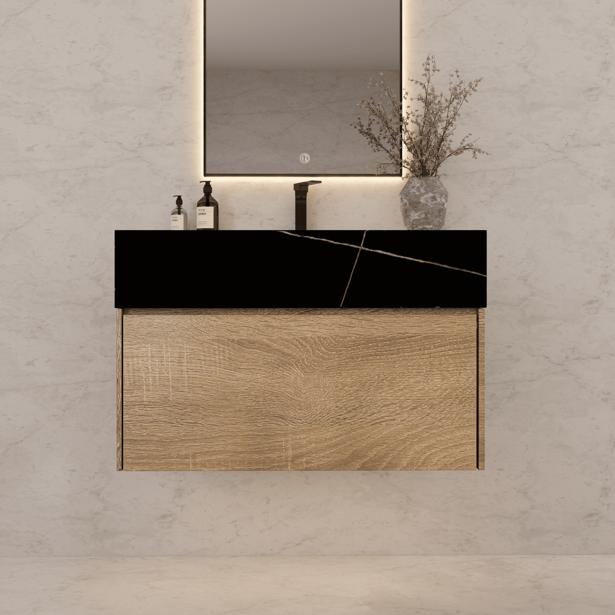 32", 36", 40" Seamless Stone Top with Light Oak Floating Bathroom Vanity - VanityBlack Marquina Gold Veins NeoNova Decor