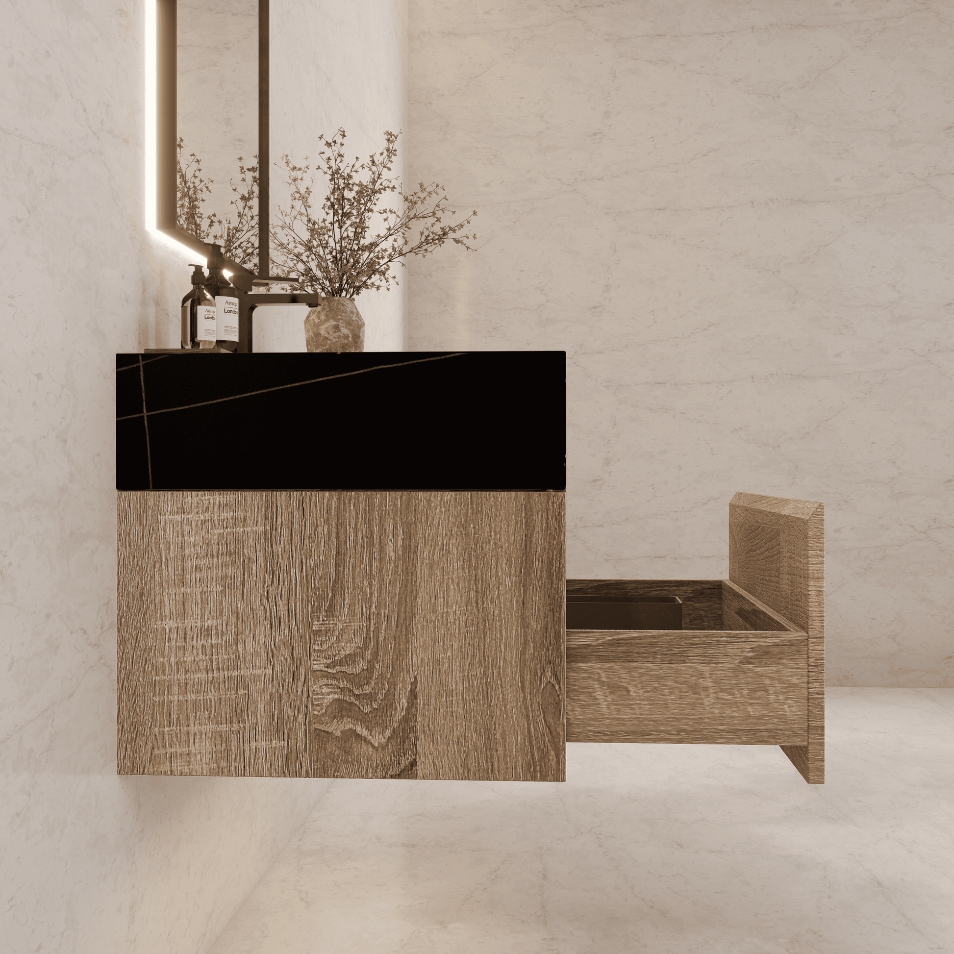 32", 36", 40" Seamless Stone Top with Light Oak Floating Bathroom Vanity - VanityBlack Marquina Gold Veins NeoNova Decor