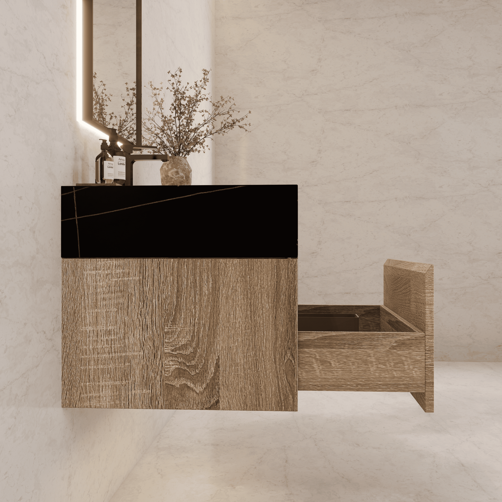 32", 36", 40" Seamless Stone Top with Light Oak Floating Bathroom Vanity - VanityBlack Marquina Gold Veins NeoNova Decor