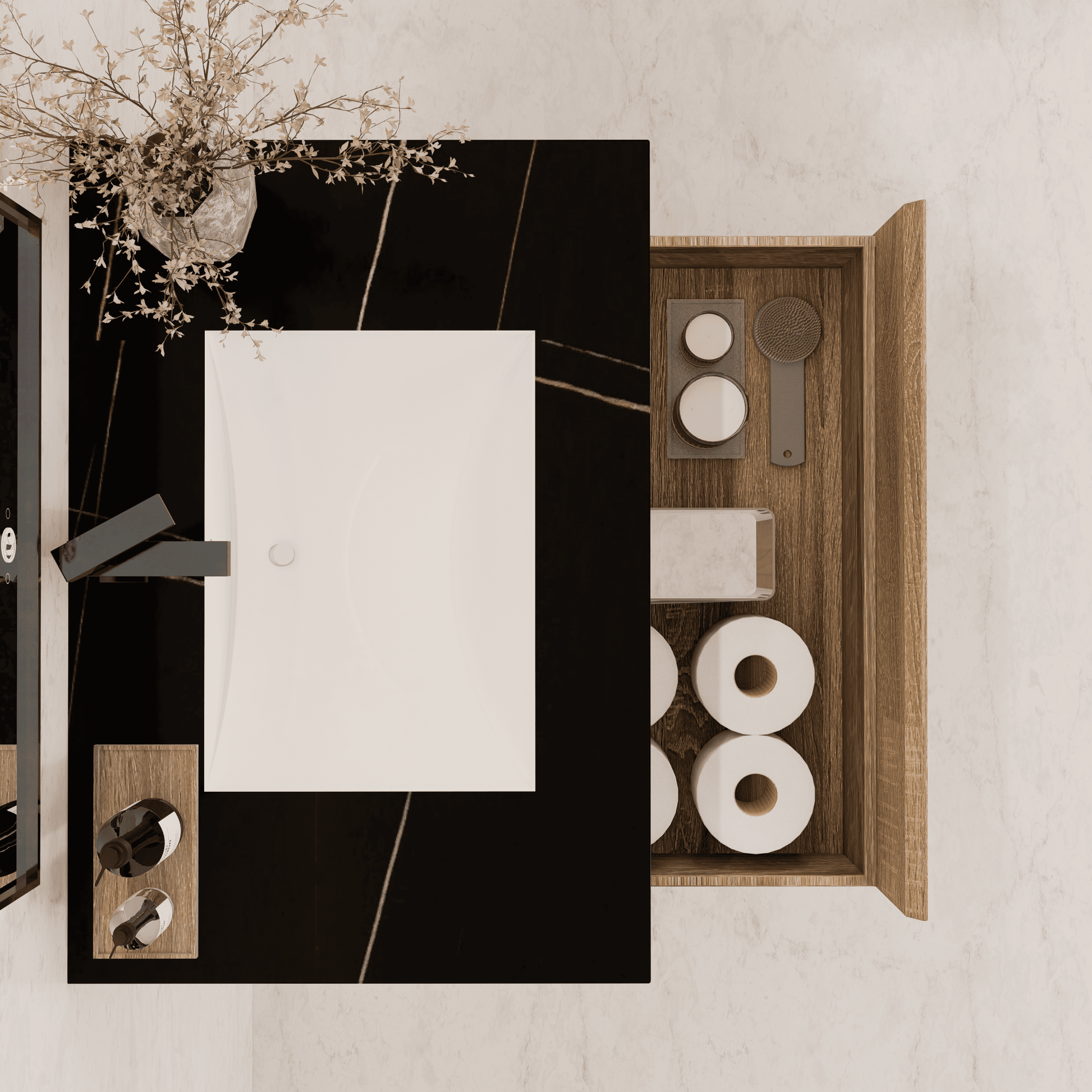 32", 36", 40" Seamless Stone Top with Light Oak Floating Bathroom Vanity - VanityBlack Marquina Gold Veins NeoNova Decor