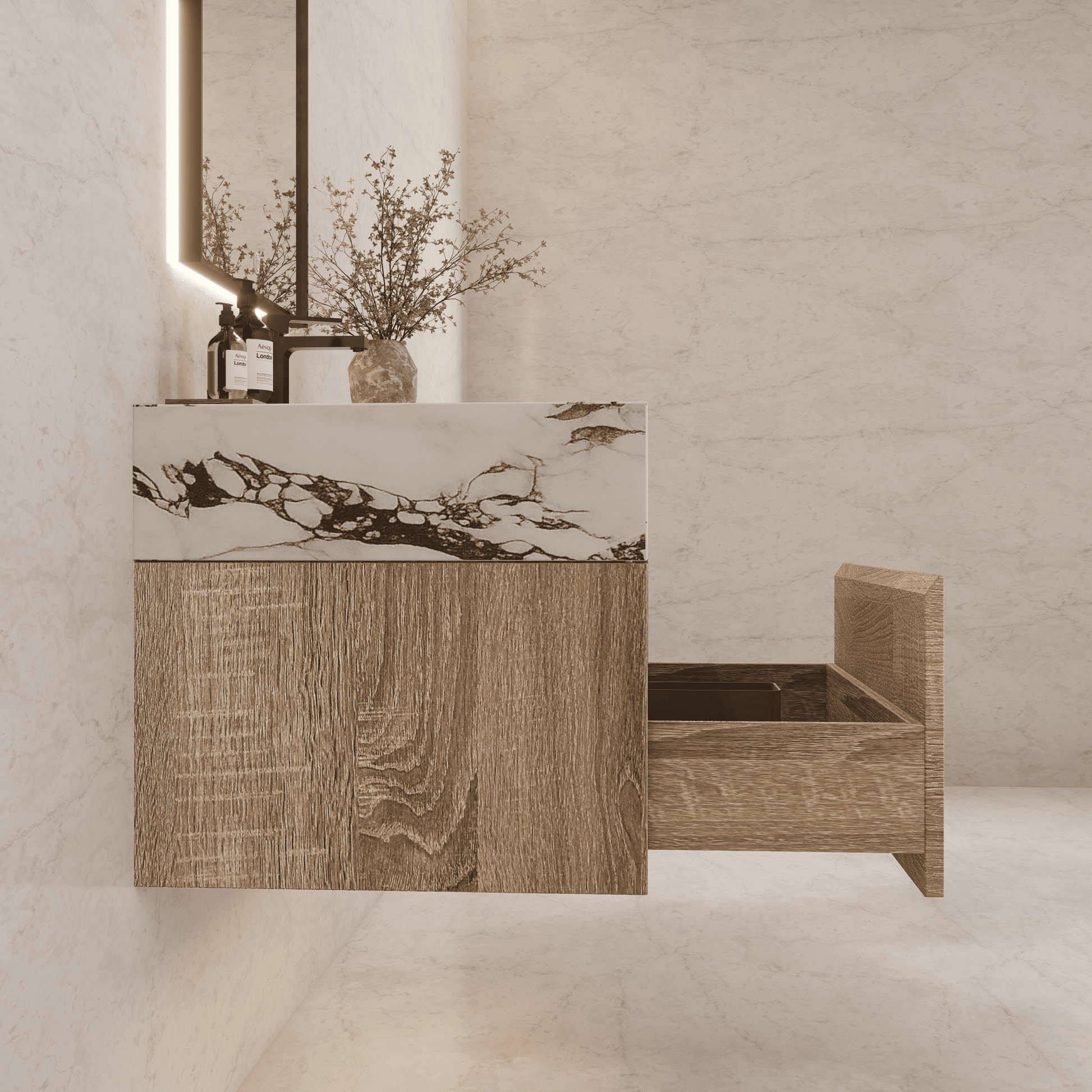 32", 36", 40" Seamless Stone Top with Light Oak Floating Bathroom Vanity - VanityCalacatta Black NeoNova Decor