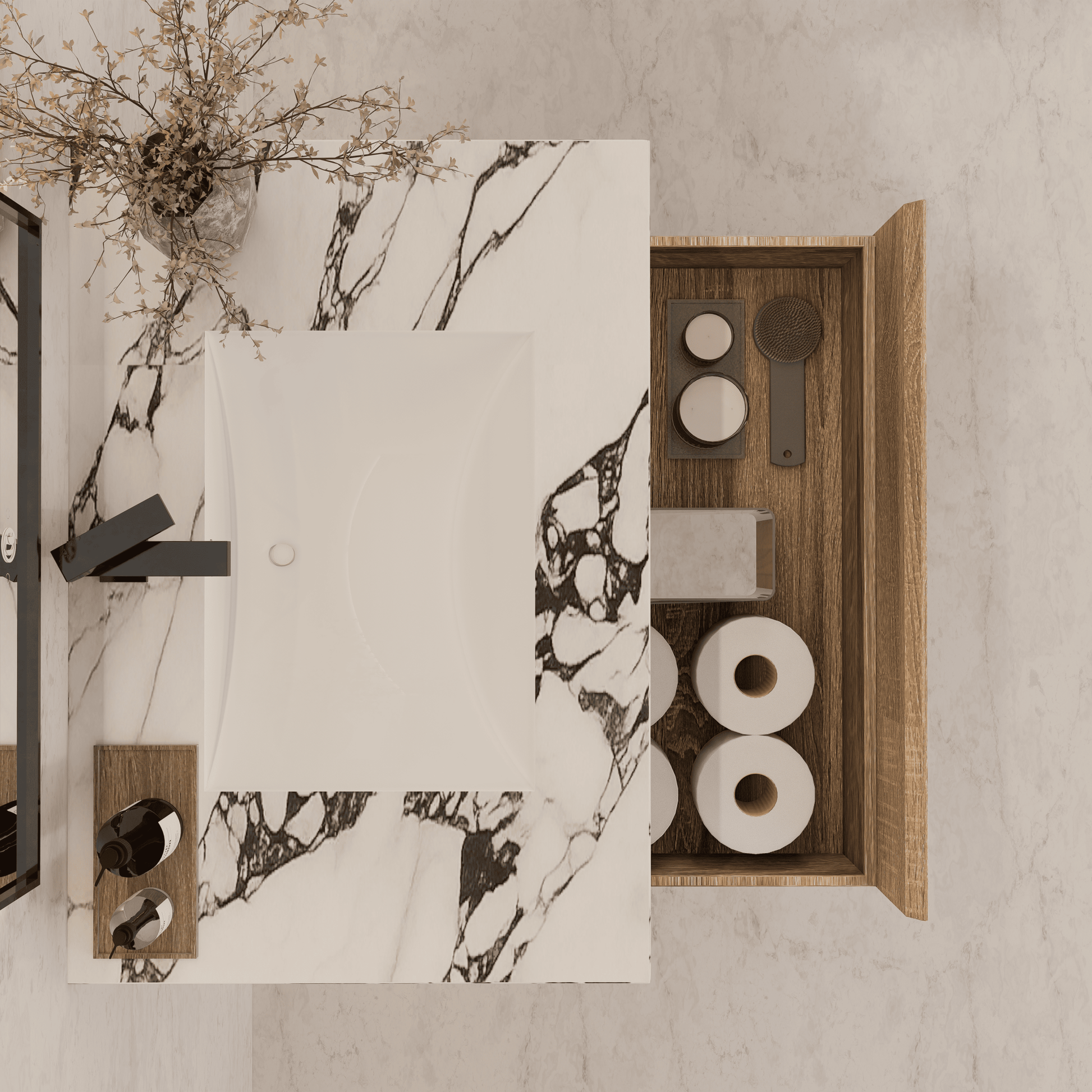 32", 36", 40" Seamless Stone Top with Light Oak Floating Bathroom Vanity - VanityCalacatta Black NeoNova Decor