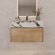 32", 36", 40" Seamless Stone Top with Light Oak Floating Bathroom Vanity - VanityCalacatta Black NeoNova Decor