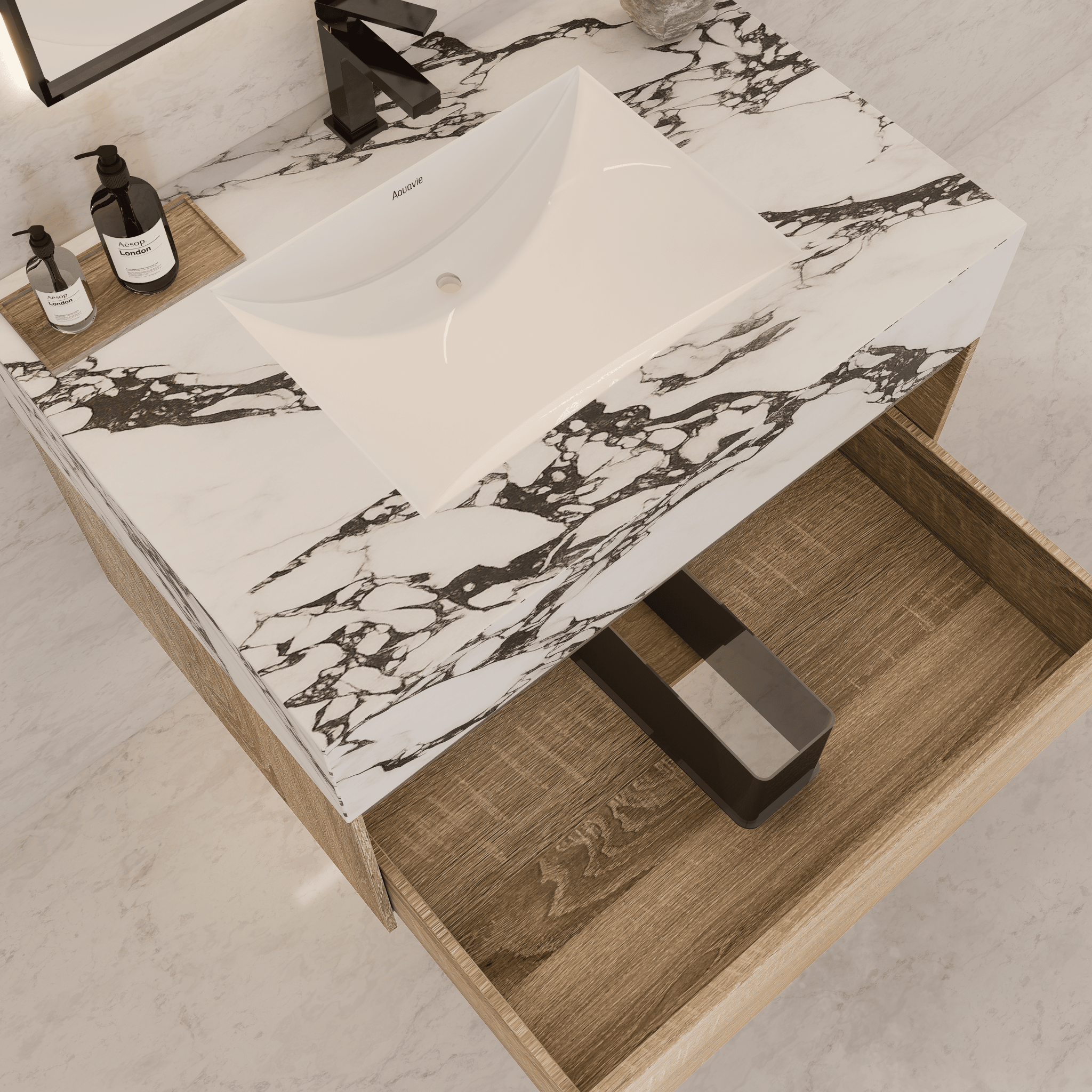 32", 36", 40" Seamless Stone Top with Light Oak Floating Bathroom Vanity - VanityCalacatta Black NeoNova Decor