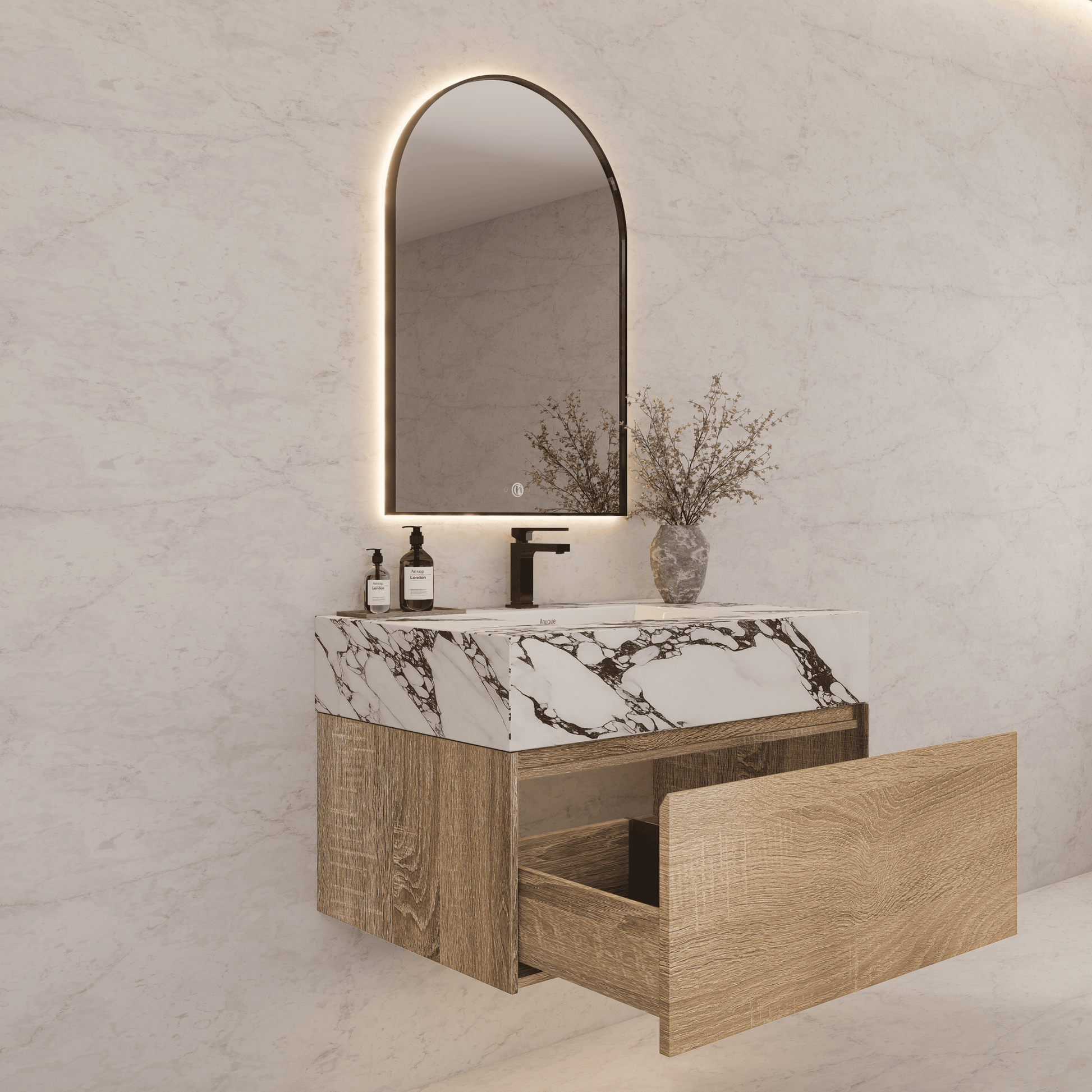 32", 36", 40" Seamless Stone Top with Light Oak Floating Bathroom Vanity - VanityCalacatta Black NeoNova Decor