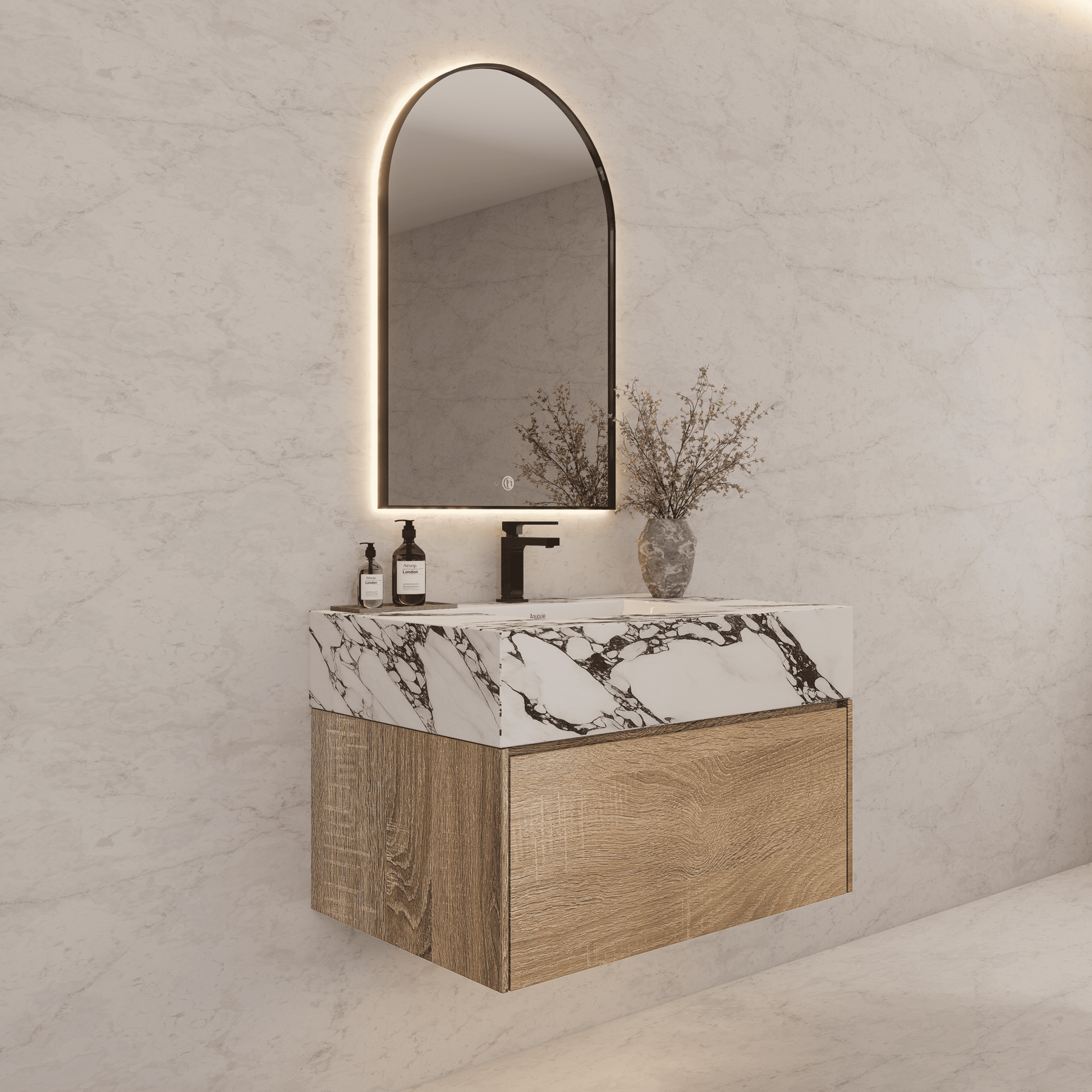 32", 36", 40" Seamless Stone Top with Light Oak Floating Bathroom Vanity - VanityCalacatta Black NeoNova Decor