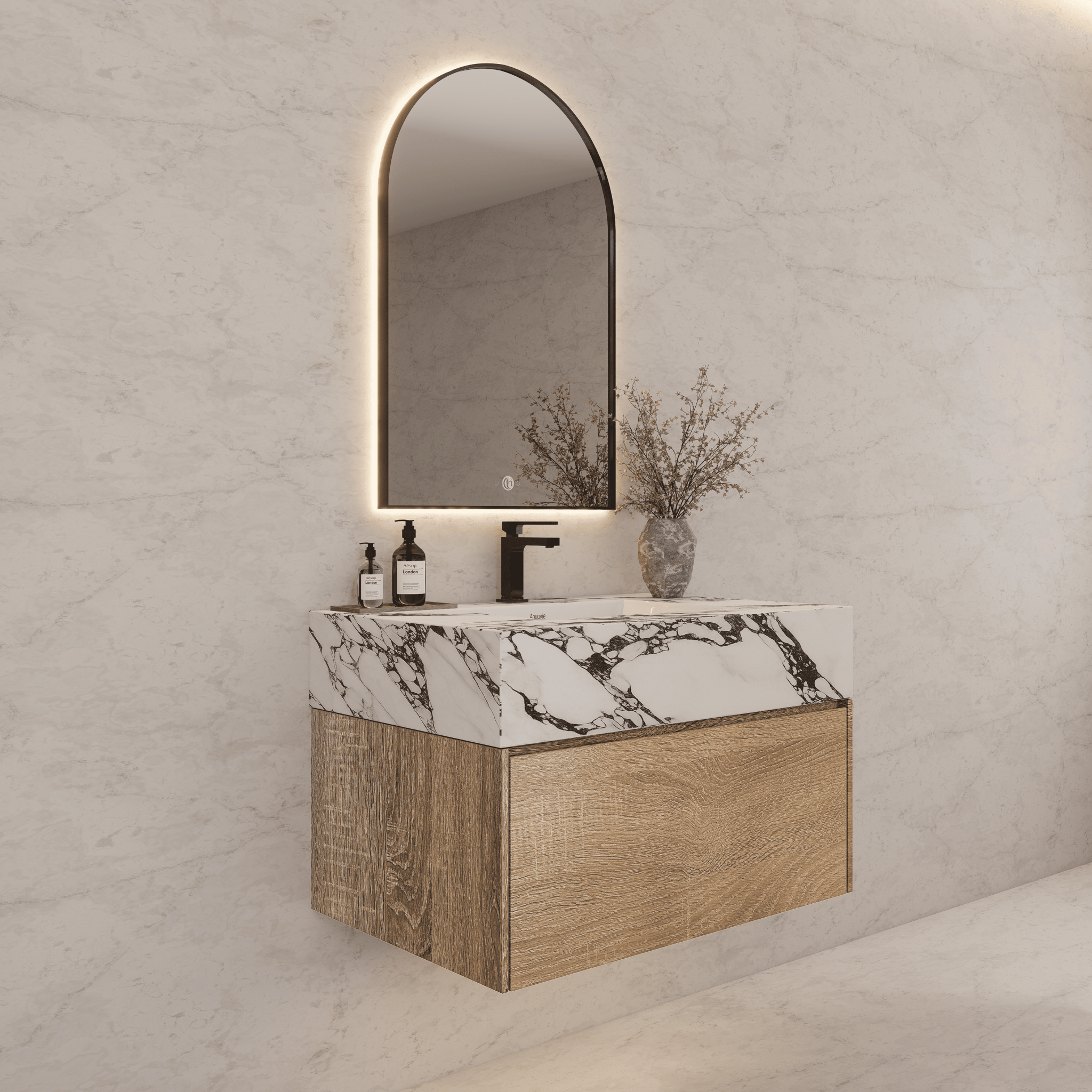 32", 36", 40" Seamless Stone Top with Light Oak Floating Bathroom Vanity - VanityCalacatta Black NeoNova Decor