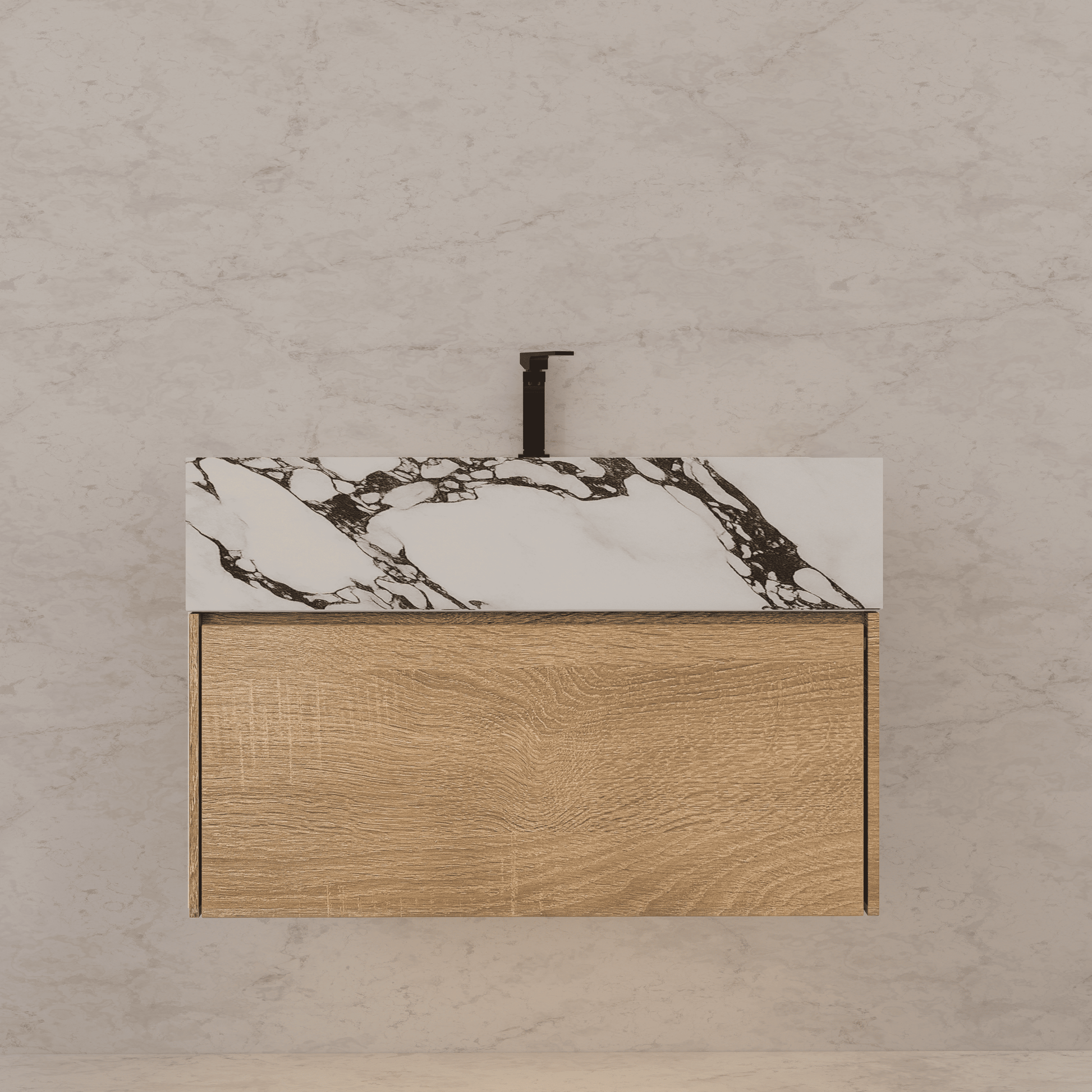 32", 36", 40" Seamless Stone Top with Light Oak Floating Bathroom Vanity - VanityCalacatta Black NeoNova Decor