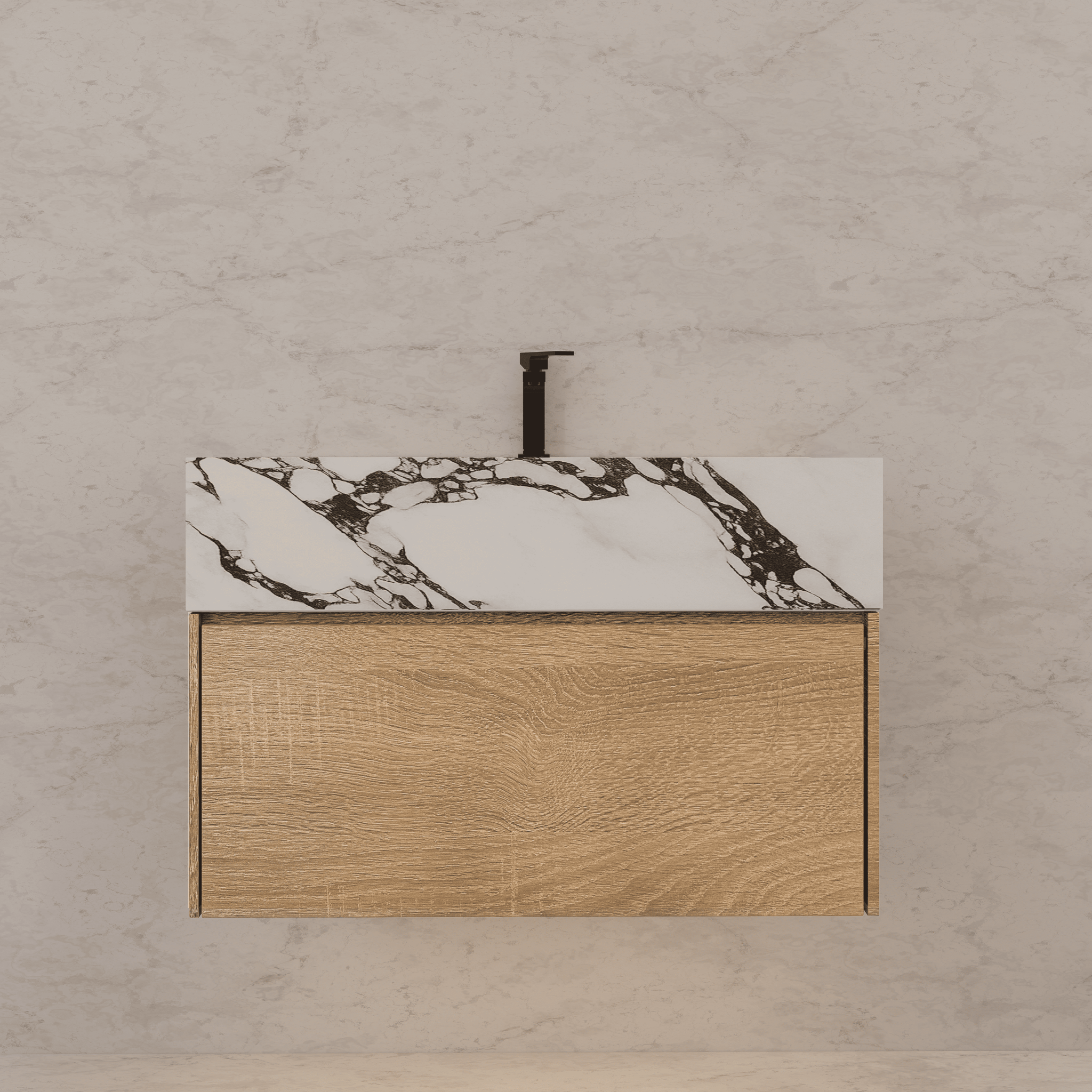 32", 36", 40" Seamless Stone Top with Light Oak Floating Bathroom Vanity - VanityCalacatta Black NeoNova Decor