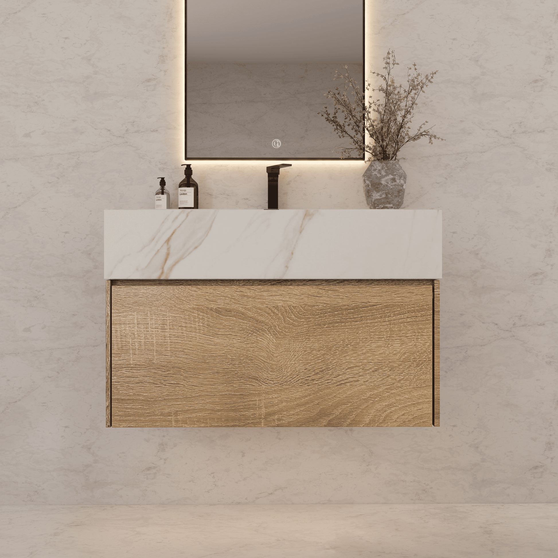 32", 36", 40" Seamless Stone Top with Light Oak Floating Bathroom Vanity - VanityCalacatta Gold NeoNova Decor