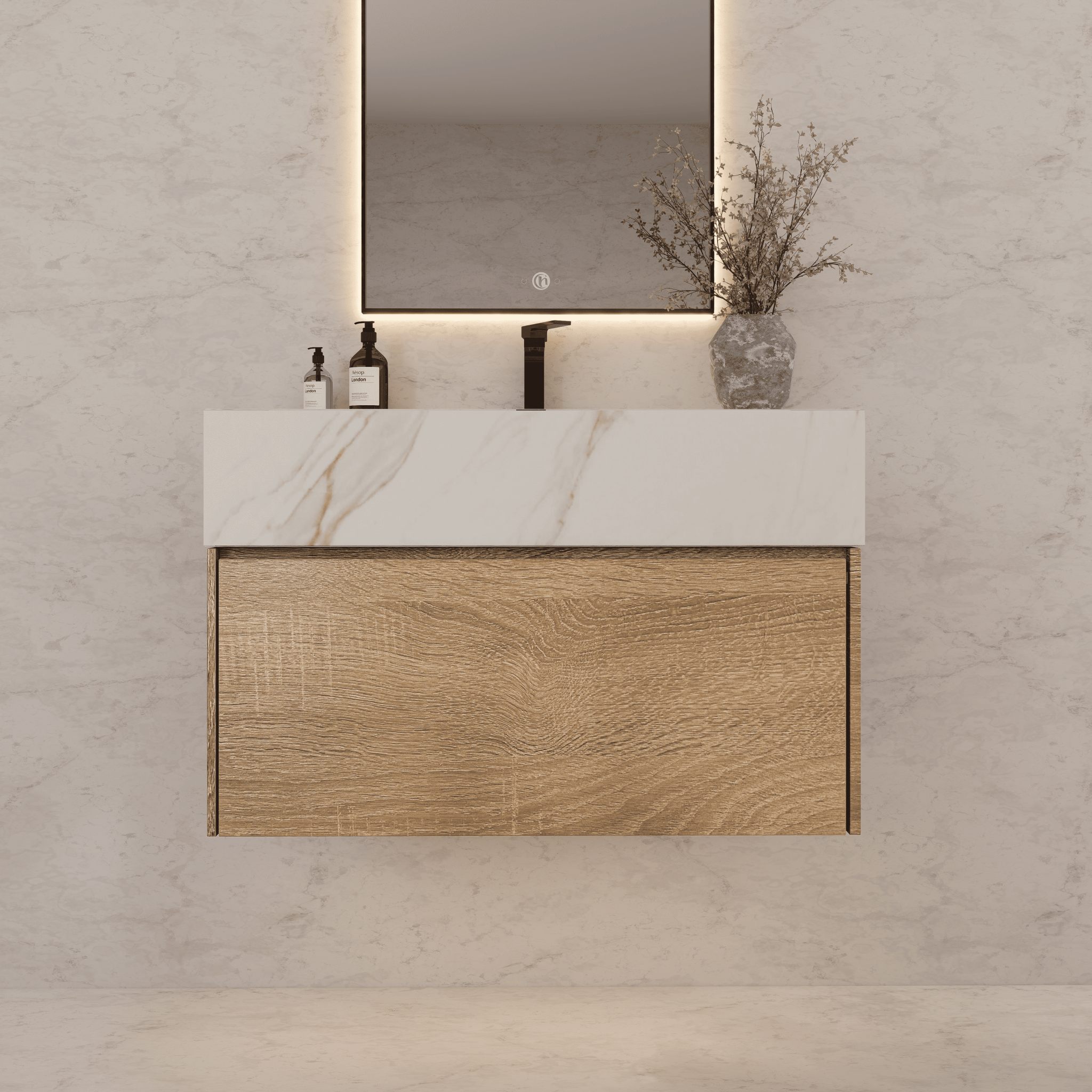 32", 36", 40" Seamless Stone Top with Light Oak Floating Bathroom Vanity - VanityCalacatta Gold NeoNova Decor