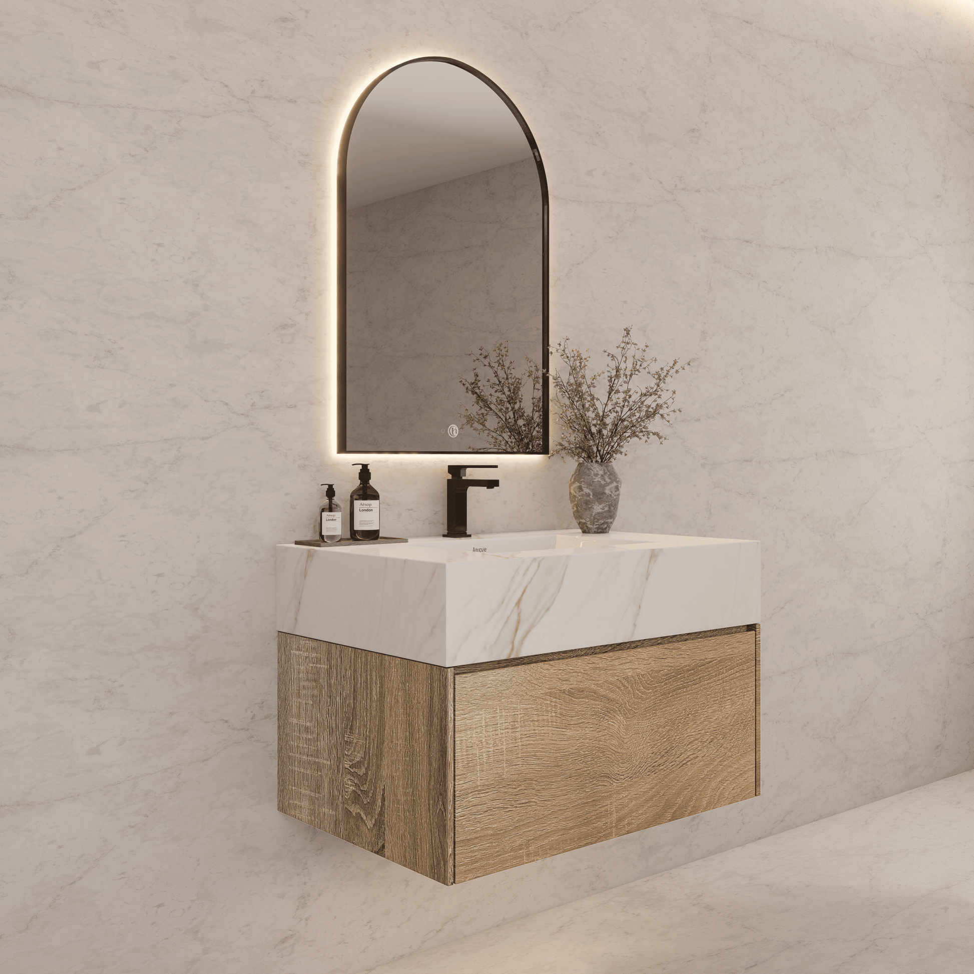 32", 36", 40" Seamless Stone Top with Light Oak Floating Bathroom Vanity - VanityCalacatta Gold NeoNova Decor