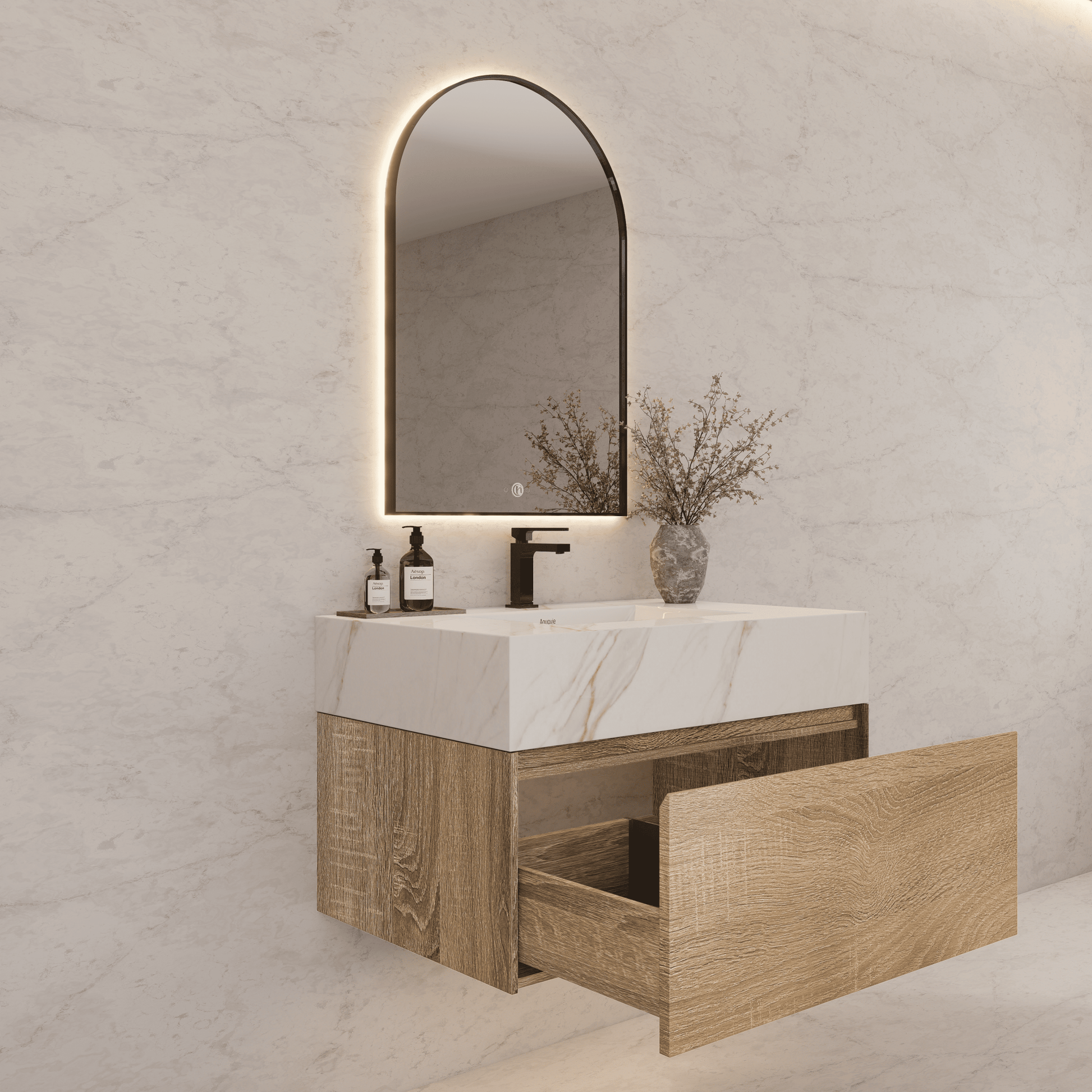 32", 36", 40" Seamless Stone Top with Light Oak Floating Bathroom Vanity - VanityCalacatta Gold NeoNova Decor