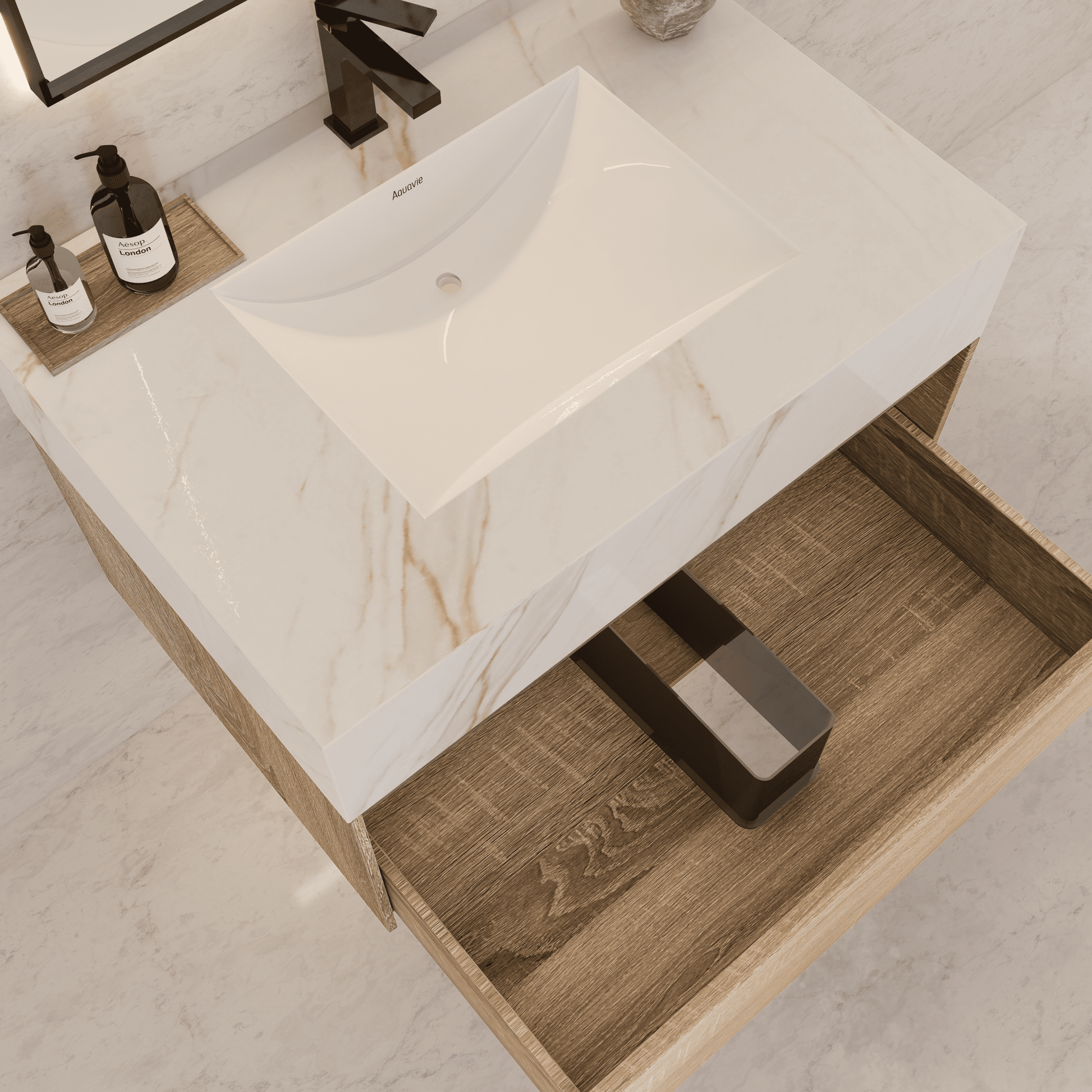 32", 36", 40" Seamless Stone Top with Light Oak Floating Bathroom Vanity - VanityCalacatta Gold NeoNova Decor