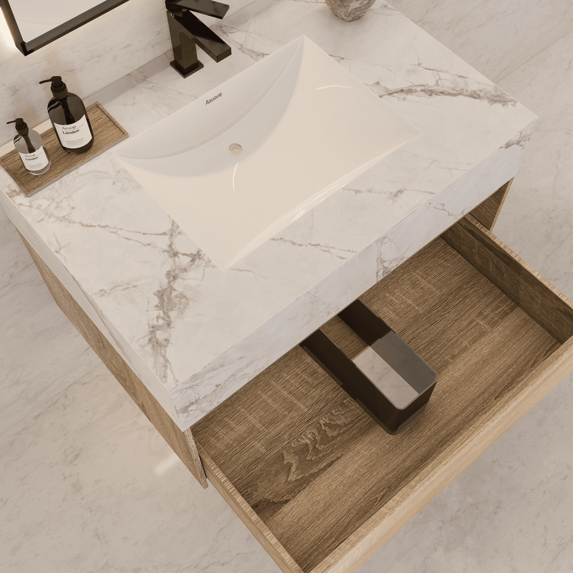 32", 36", 40" Seamless Stone Top with Light Oak Floating Bathroom Vanity - VanityIce Grey NeoNova Decor