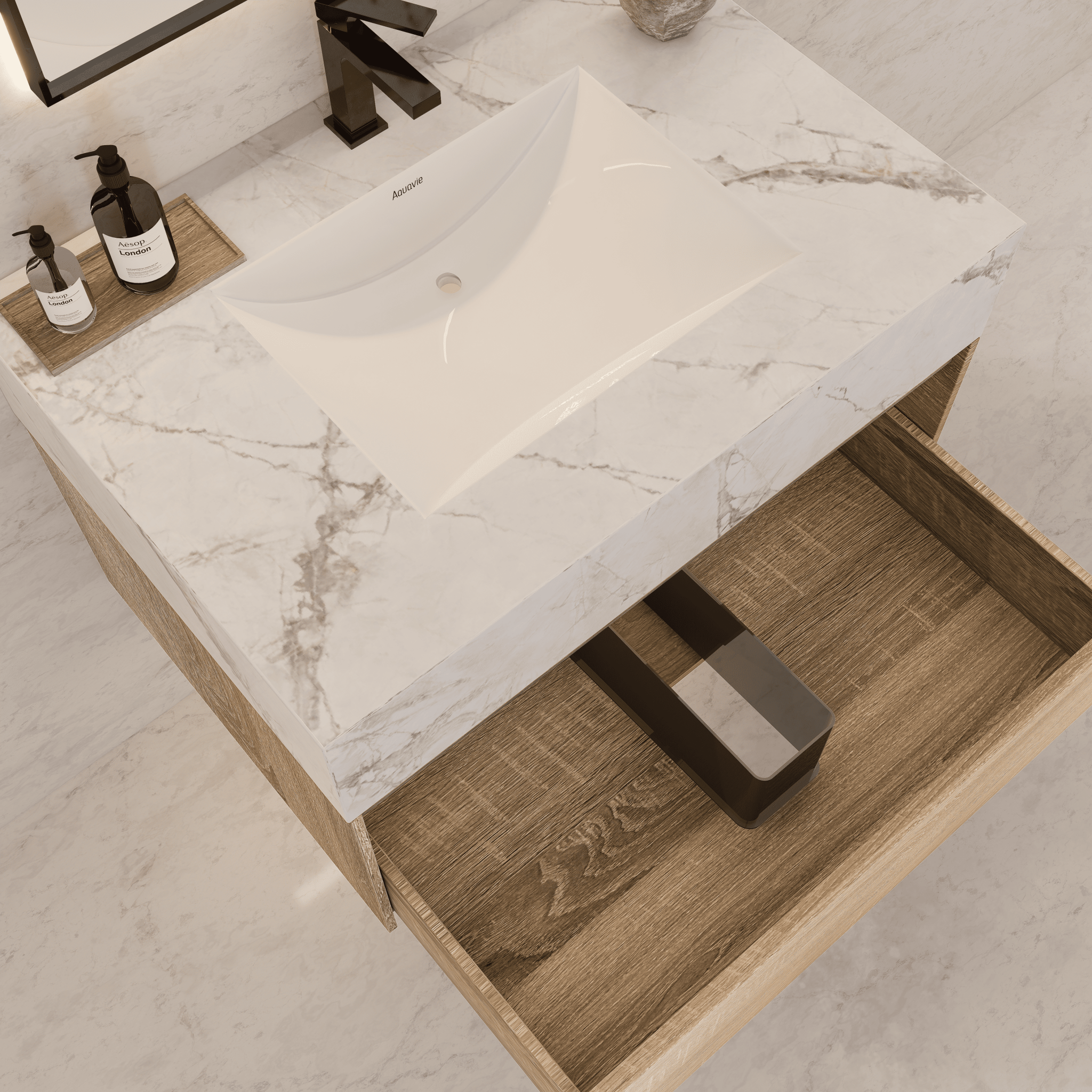 32", 36", 40" Seamless Stone Top with Light Oak Floating Bathroom Vanity - VanityIce Grey NeoNova Decor