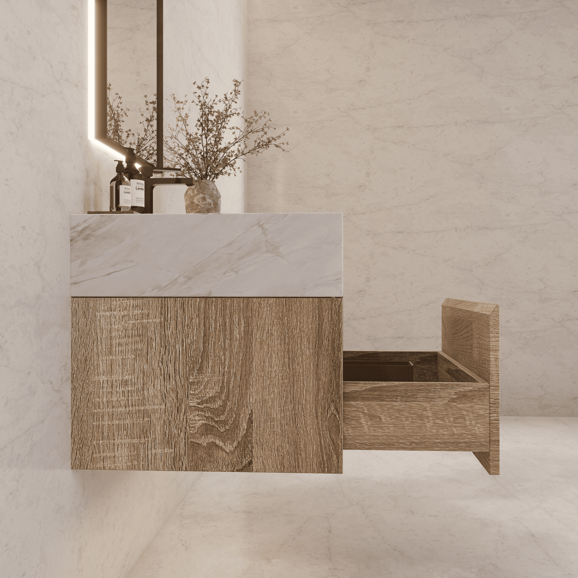 32", 36", 40" Seamless Stone Top with Light Oak Floating Bathroom Vanity - VanityIce Grey NeoNova Decor