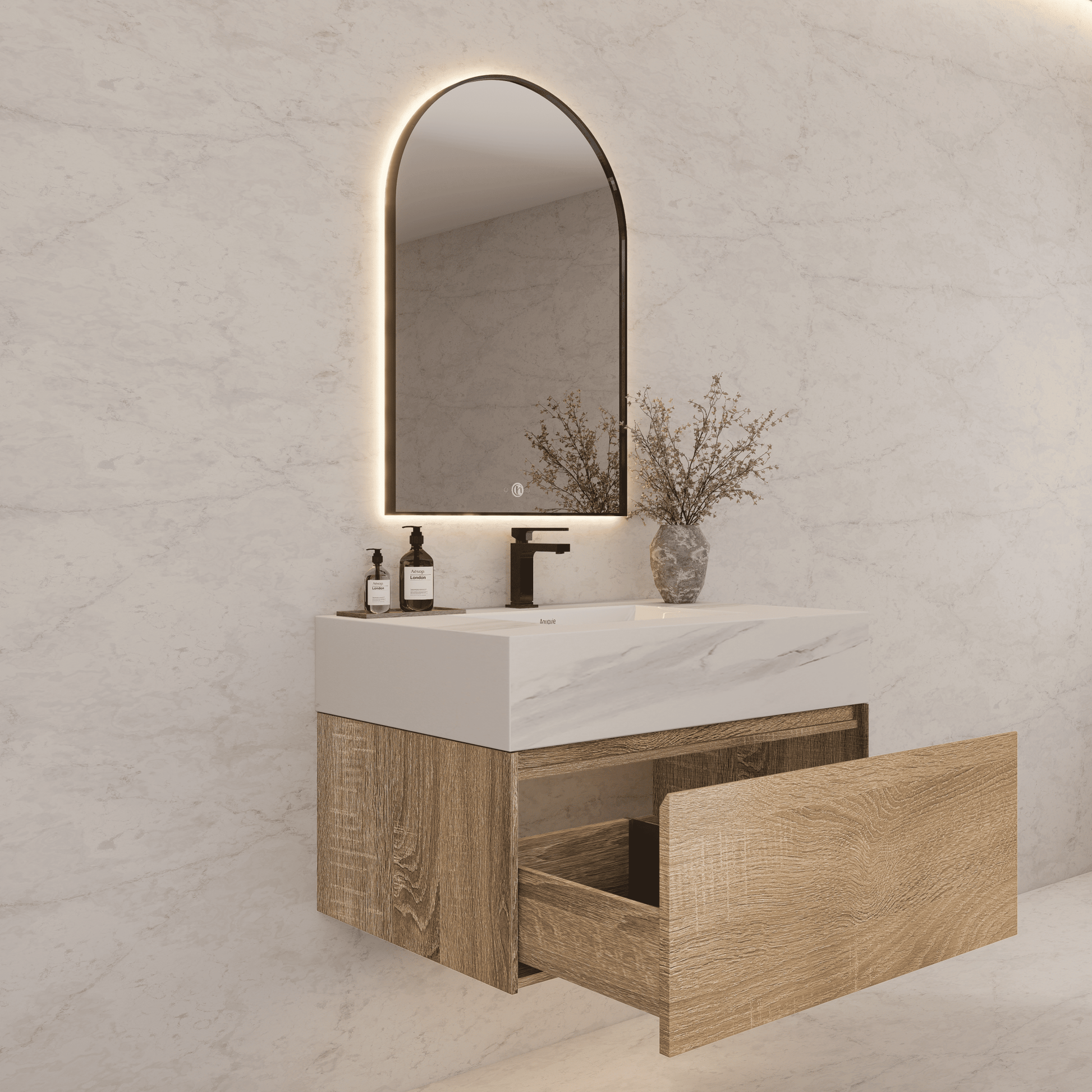 32", 36", 40" Seamless Stone Top with Light Oak Floating Bathroom Vanity - VanityWhite Carrara NeoNova Decor