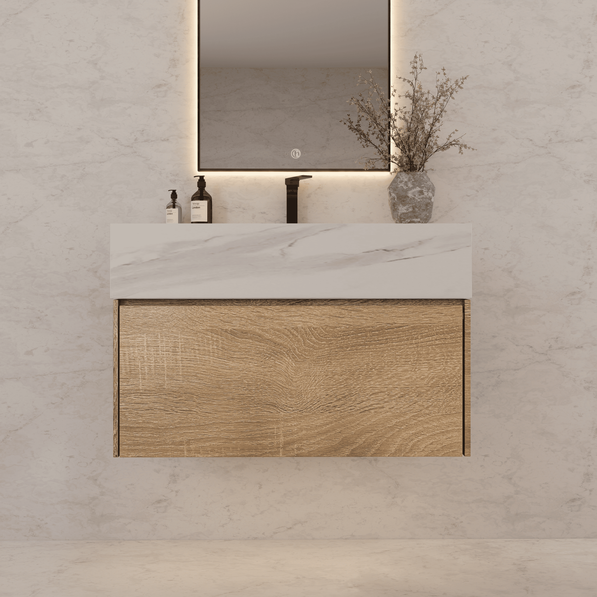 32", 36", 40" Seamless Stone Top with Light Oak Floating Bathroom Vanity - VanityWhite Carrara NeoNova Decor
