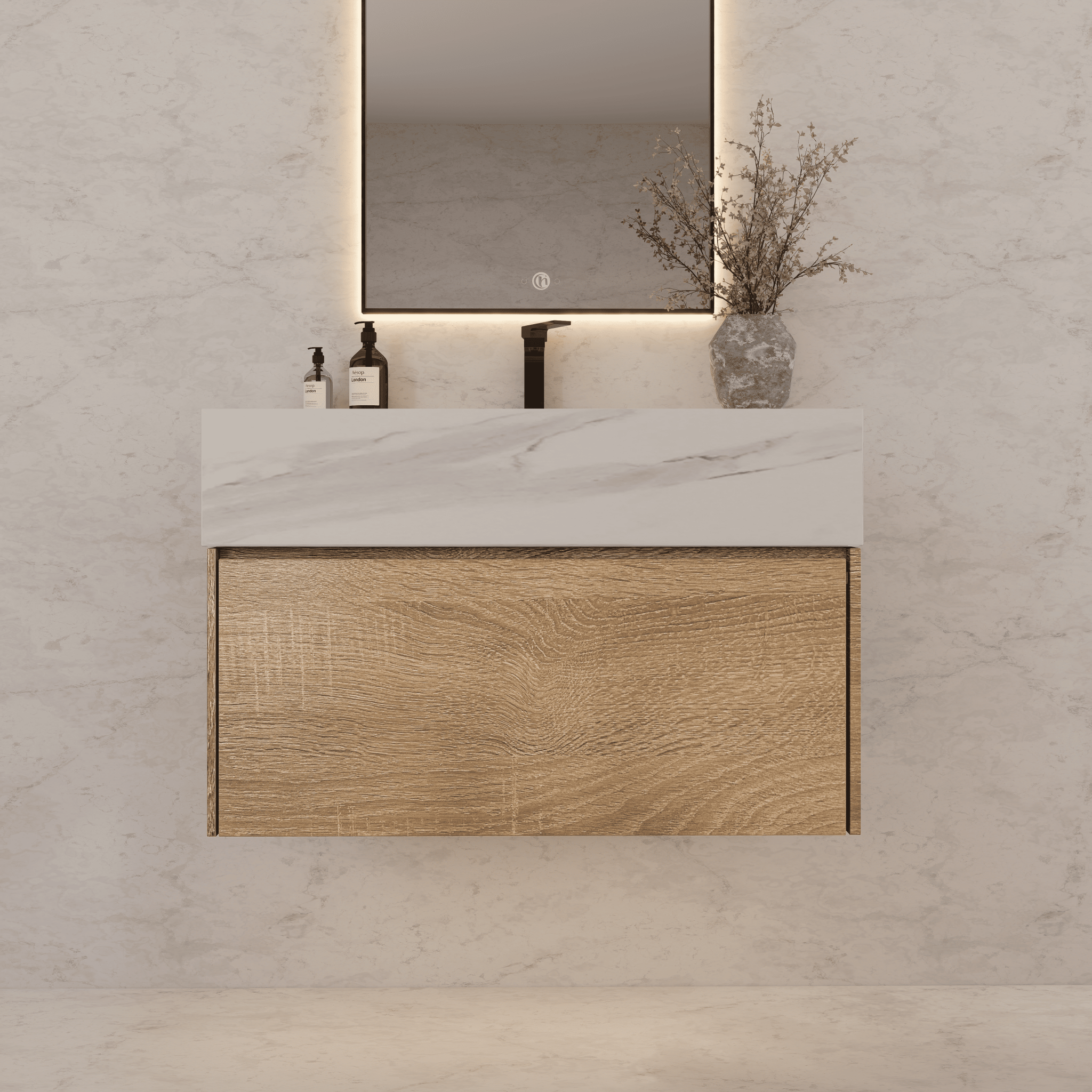 32", 36", 40" Seamless Stone Top with Light Oak Floating Bathroom Vanity - VanityWhite Carrara NeoNova Decor