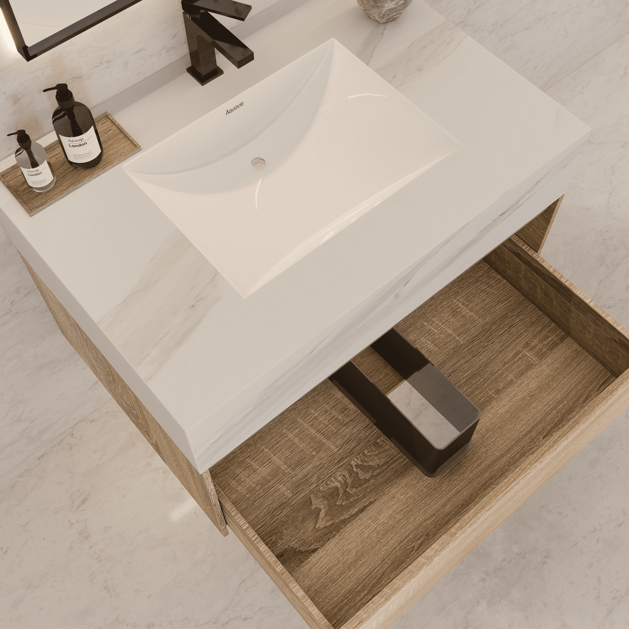 32", 36", 40" Seamless Stone Top with Light Oak Floating Bathroom Vanity - VanityWhite Carrara NeoNova Decor