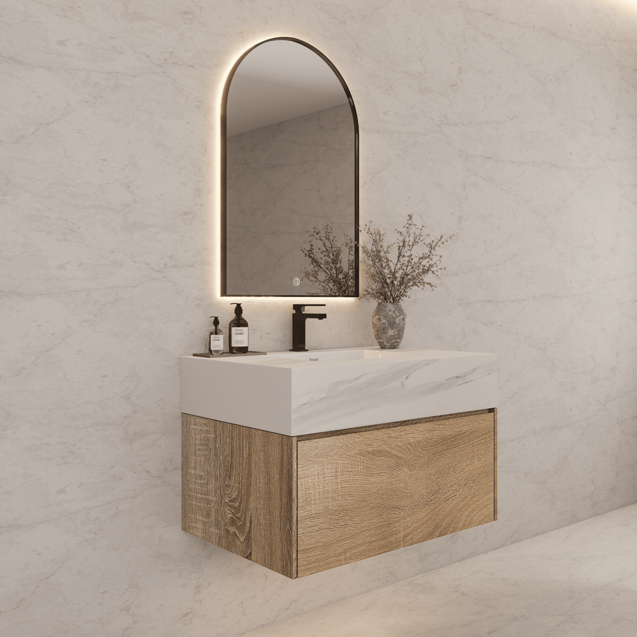 32", 36", 40" Seamless Stone Top with Light Oak Floating Bathroom Vanity - VanityWhite Carrara NeoNova Decor