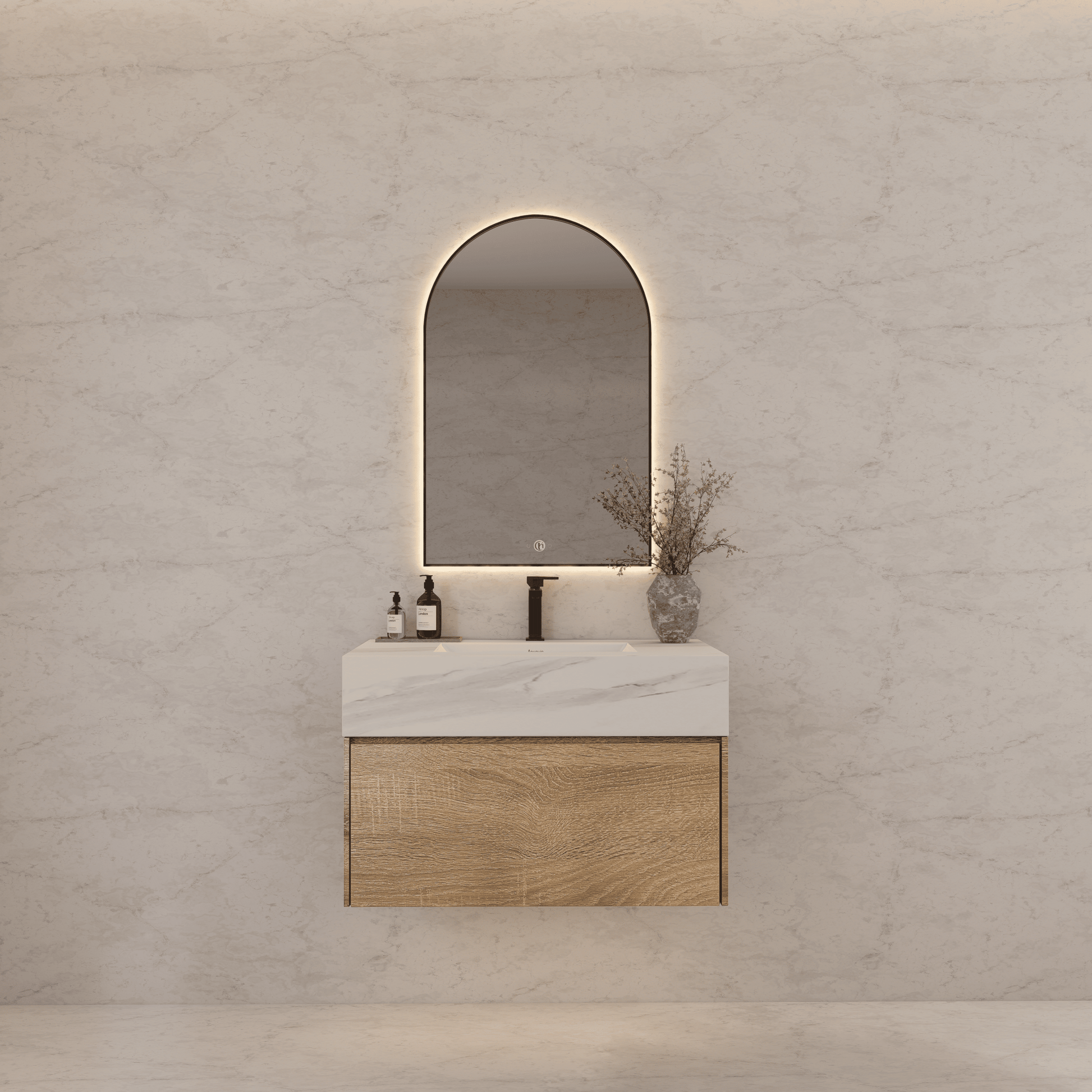 32", 36", 40" Seamless Stone Top with Light Oak Floating Bathroom Vanity - VanityWhite Carrara NeoNova Decor