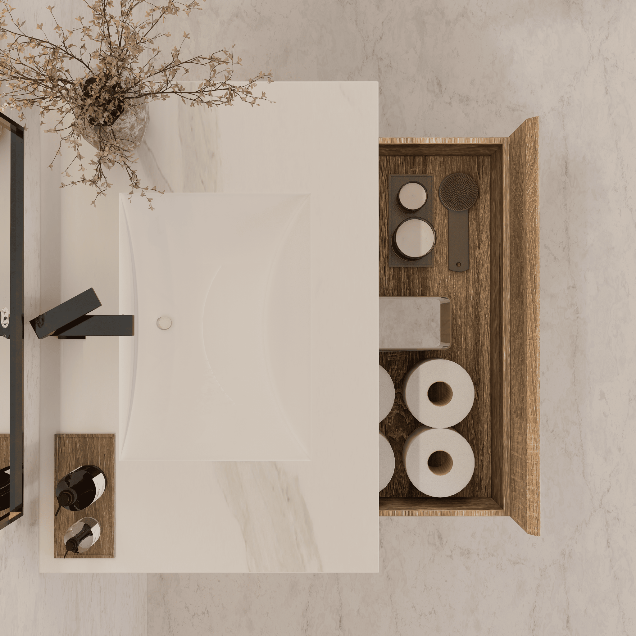 32", 36", 40" Seamless Stone Top with Light Oak Floating Bathroom Vanity - VanityWhite Carrara NeoNova Decor