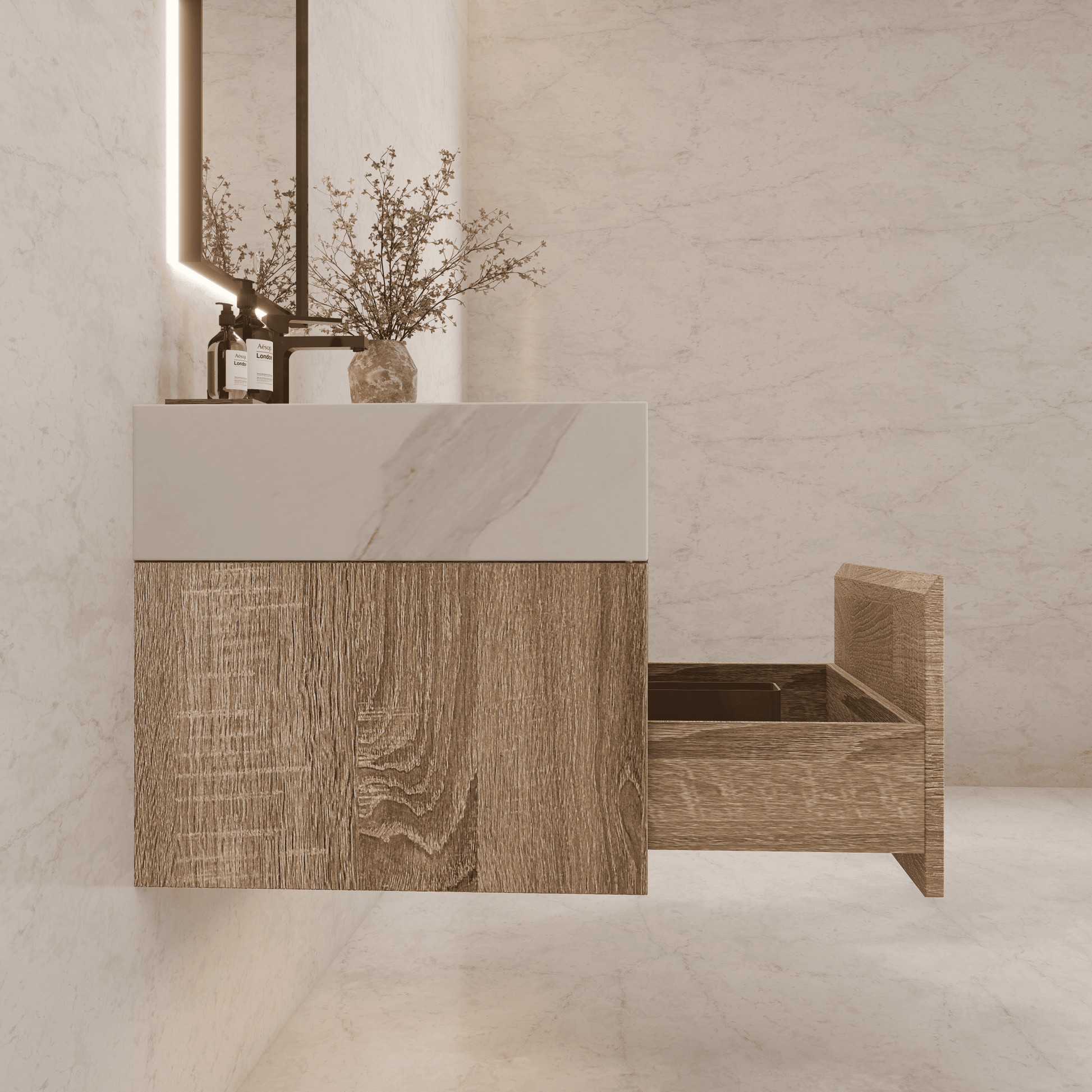 32", 36", 40" Seamless Stone Top with Light Oak Floating Bathroom Vanity - VanityWhite Carrara NeoNova Decor