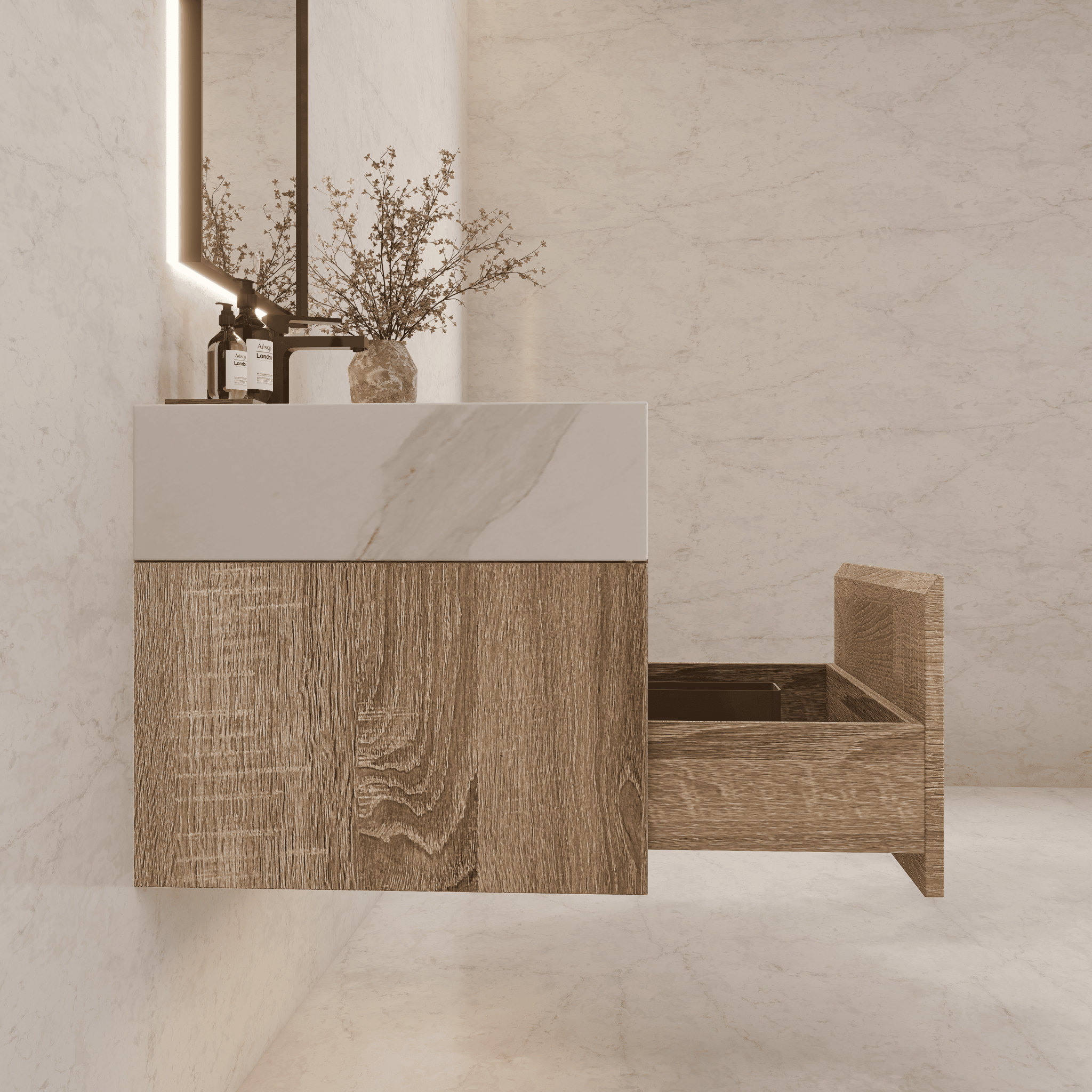 32", 36", 40" Seamless Stone Top with Light Oak Floating Bathroom Vanity - VanityWhite Carrara NeoNova Decor