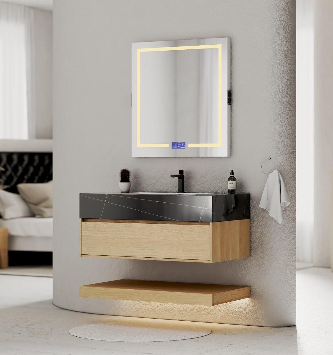 32", 36", 40" Sintered Stone Top with Hotel - Style Floating Bathroom Vanity - VanityBlack Marquina Gold Veins NeoNova Decor