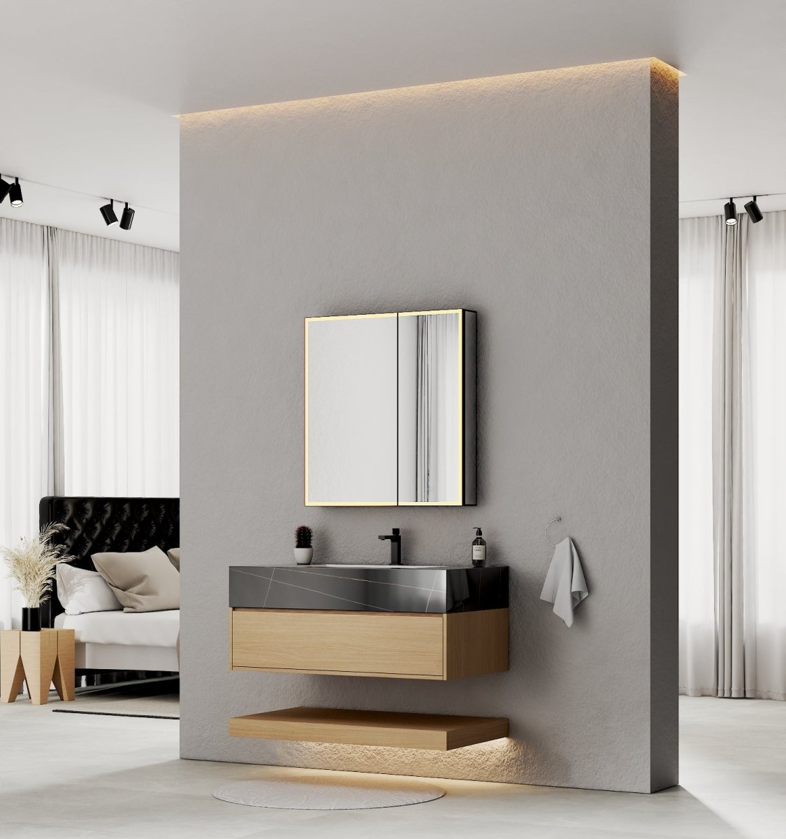 32", 36", 40" Sintered Stone Top with Hotel - Style Floating Bathroom Vanity - VanityBlack Marquina Gold Veins NeoNova Decor