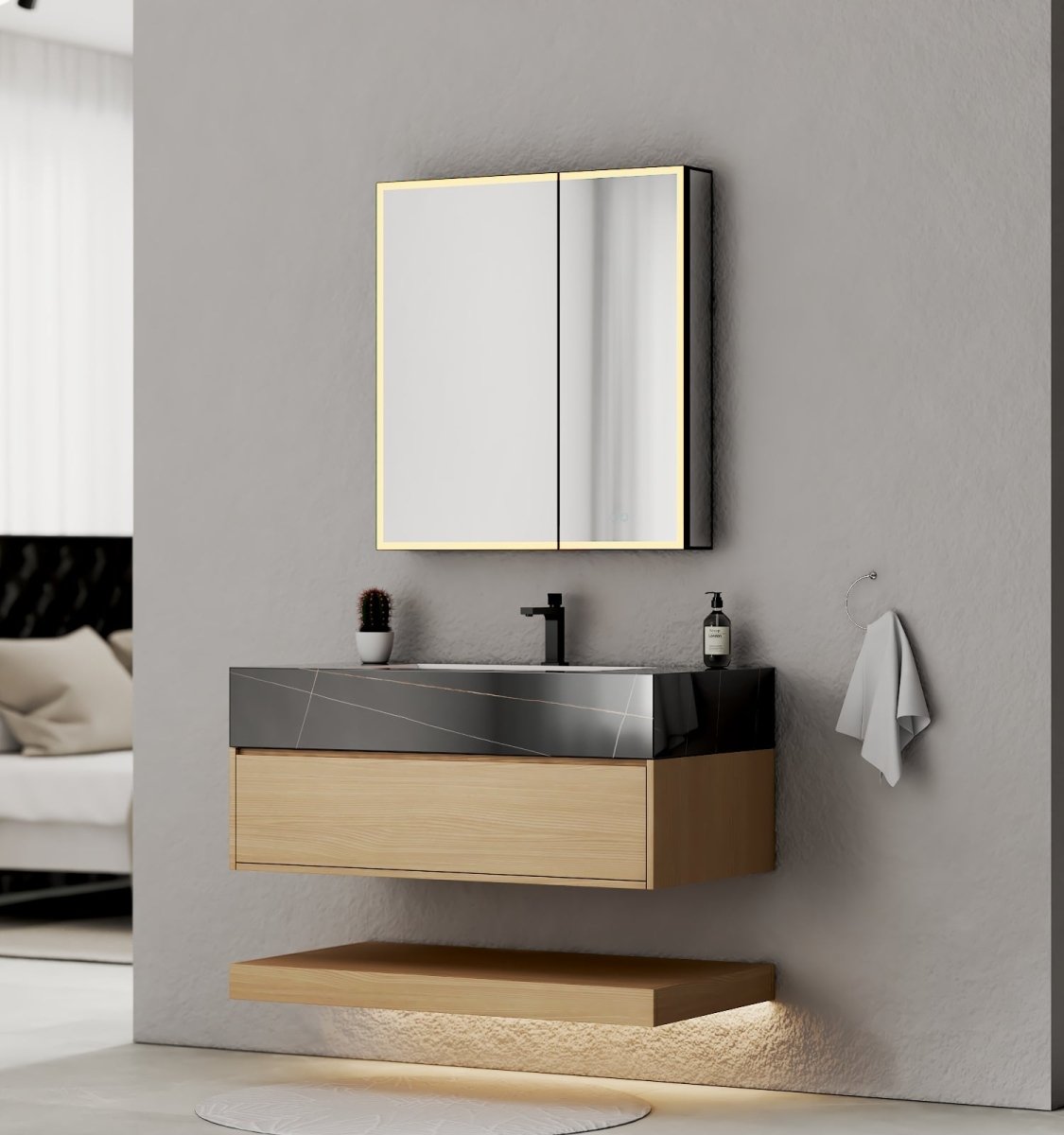 32", 36", 40" Sintered Stone Top with Hotel - Style Floating Bathroom Vanity - VanityBlack Marquina Gold Veins NeoNova Decor