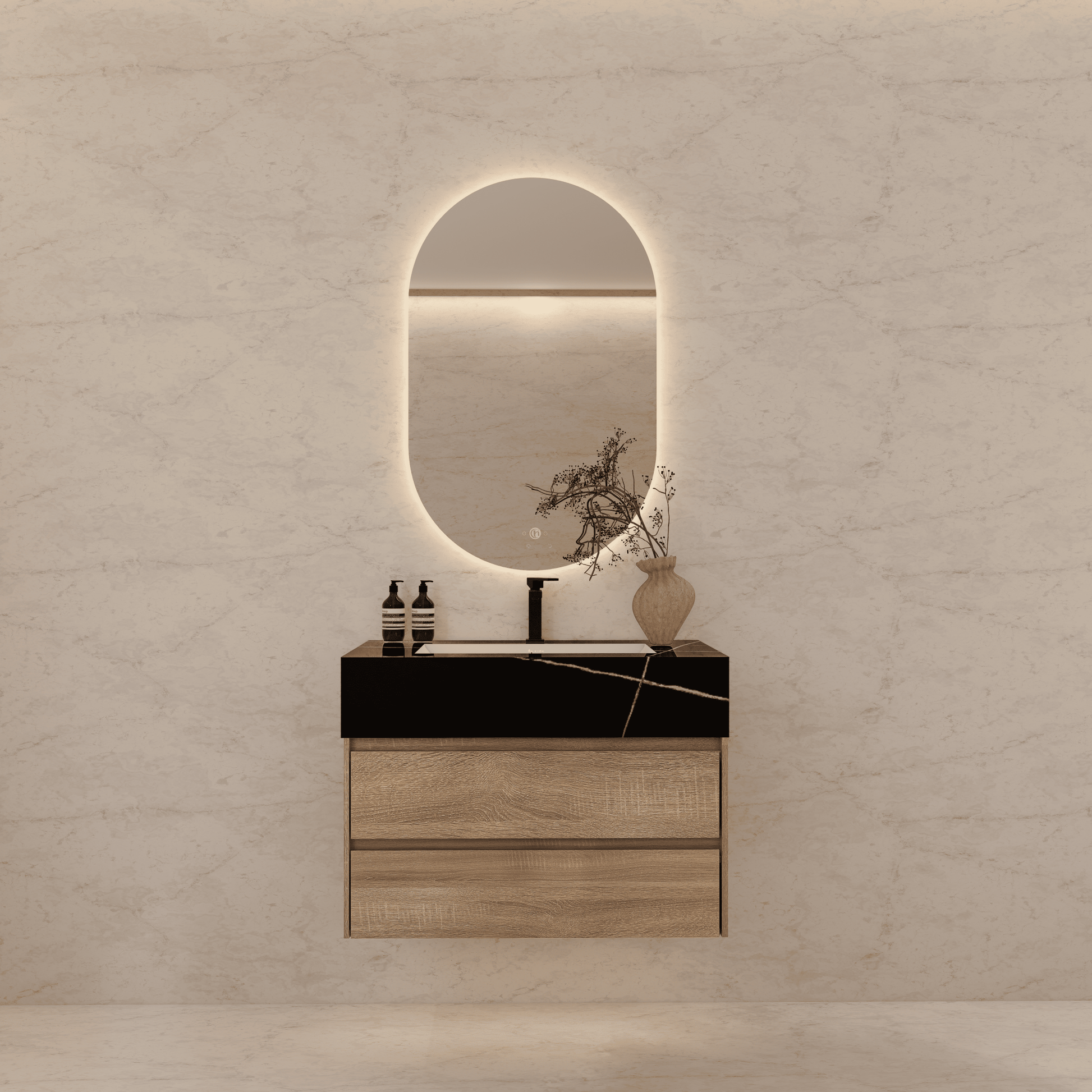 32", 36", 40" Sintered Stone Top with Light Oak Floating Bathroom Vanity - VanityBlack Marquina Gold Veins