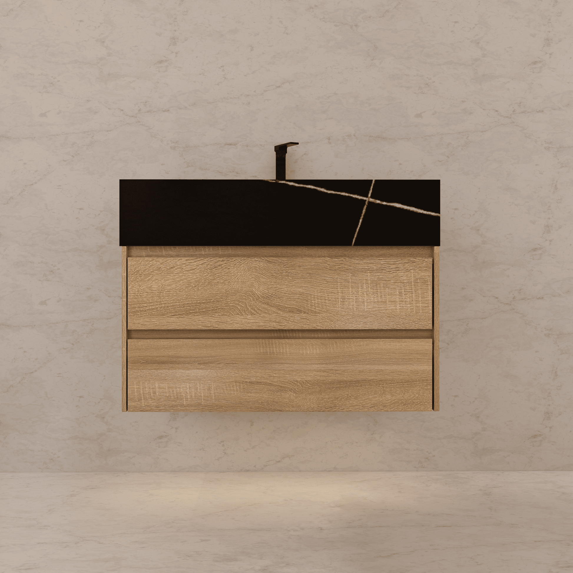 32", 36", 40" Sintered Stone Top with Light Oak Floating Bathroom Vanity - VanityBlack Marquina Gold Veins