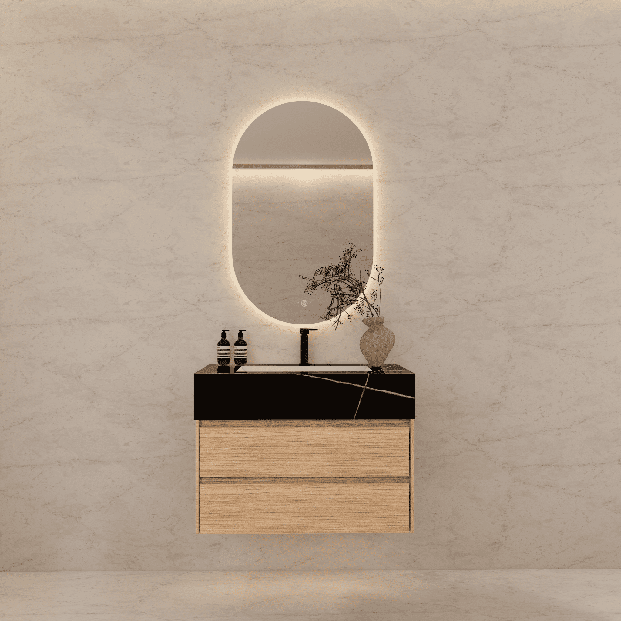 32", 36", 40" Sintered Stone Top with Light Oak Floating Bathroom Vanity - VanityBlack Marquina Gold Veins