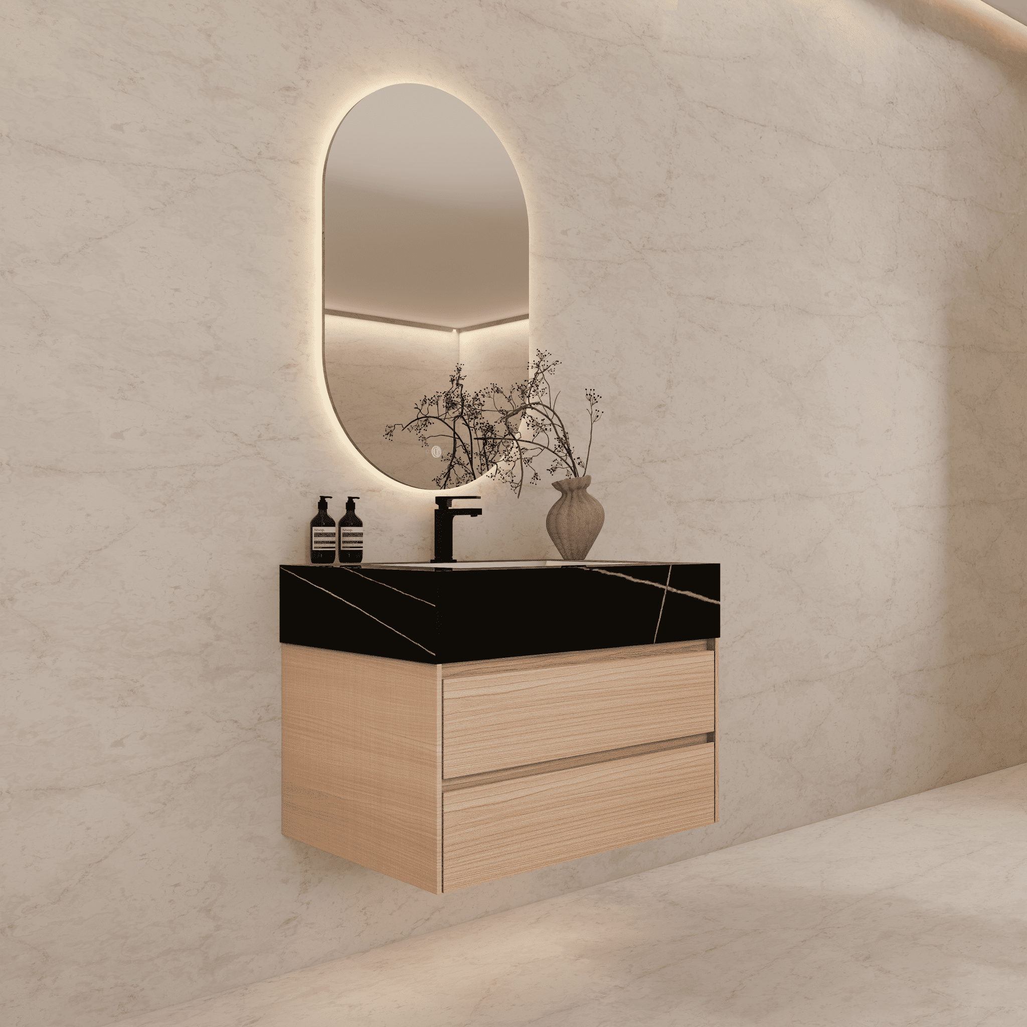 32", 36", 40" Sintered Stone Top with Light Oak Floating Bathroom Vanity - VanityBlack Marquina Gold Veins
